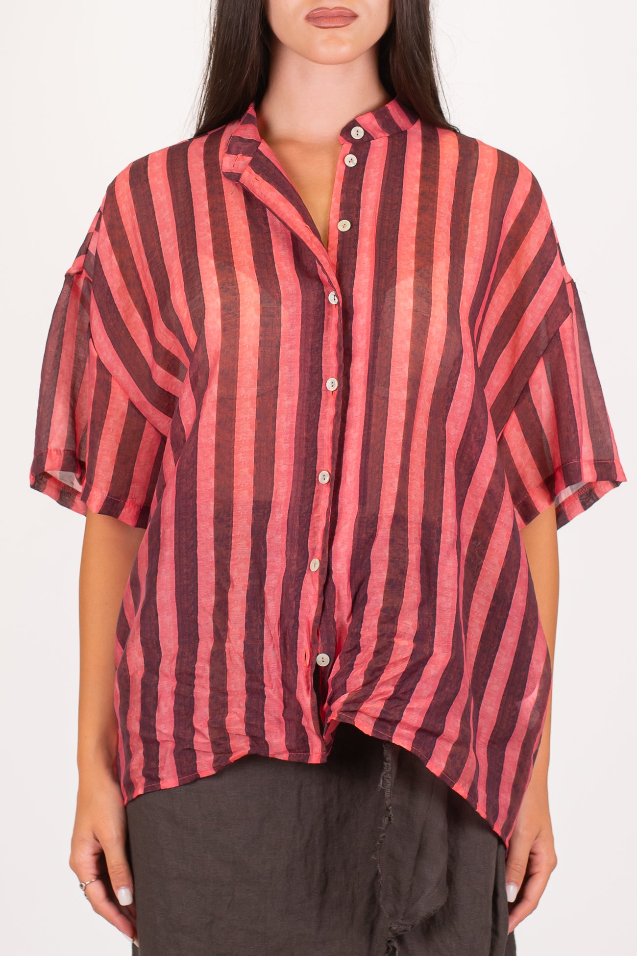 Haveone - Camicia over mezzamanica fantasia a righe in mussola di cotone con collo coreano
