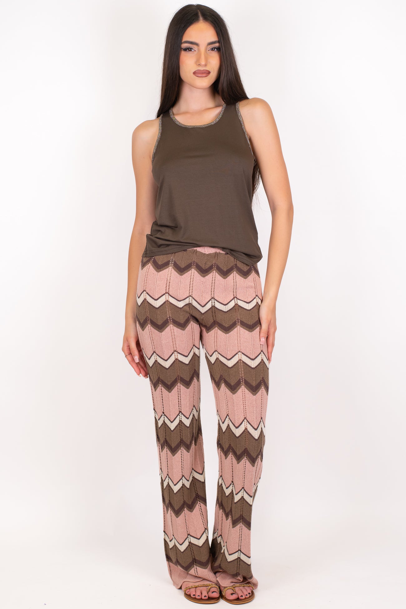 Dixie - Pantalone a zampa fantasia zig zag in maglia lavorata e traforata con elastico in vita