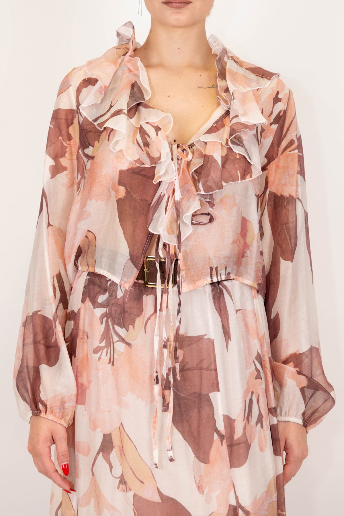 Haveone - Camicia crop fantasia floreale in lyocell con chiusura lacci e rouches