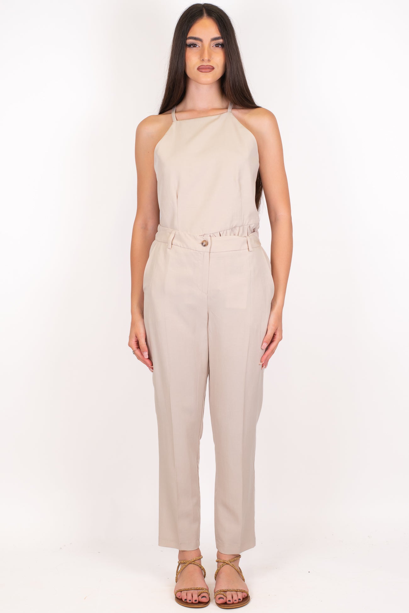 Motel - Coordinato in misto tencell e lino con top volant e pantalone slim con elastico sul retro
