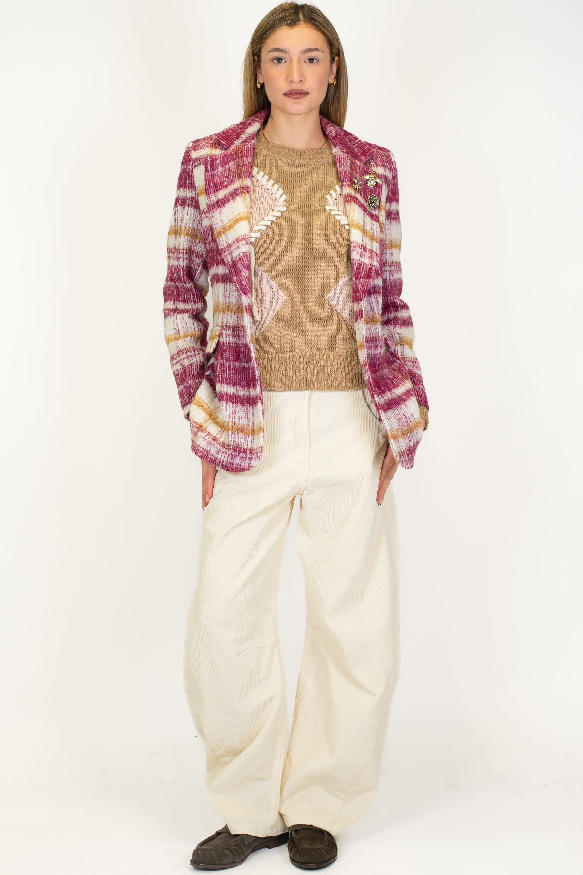 Motel - Giacca monopetto fantasia check in misto lana con spille