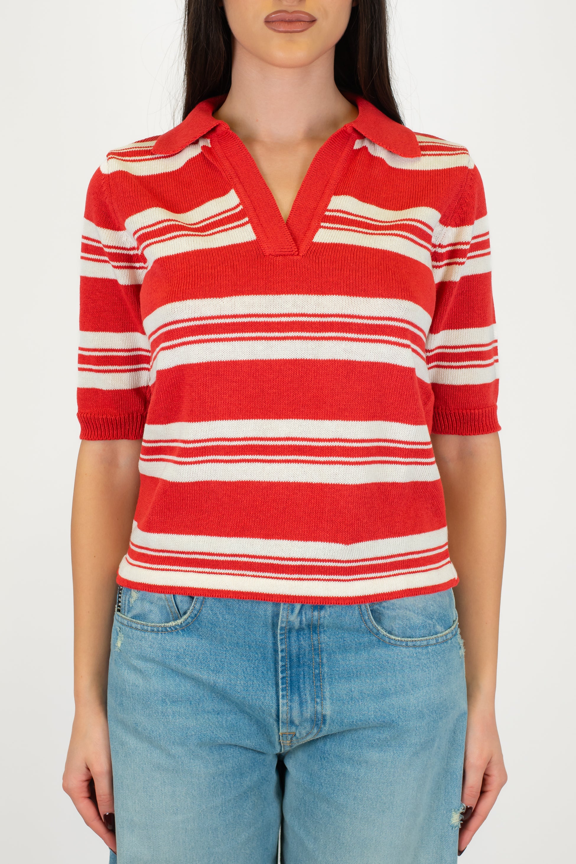 Maryley - Polo in maglia fantasia a righe con scollo a V