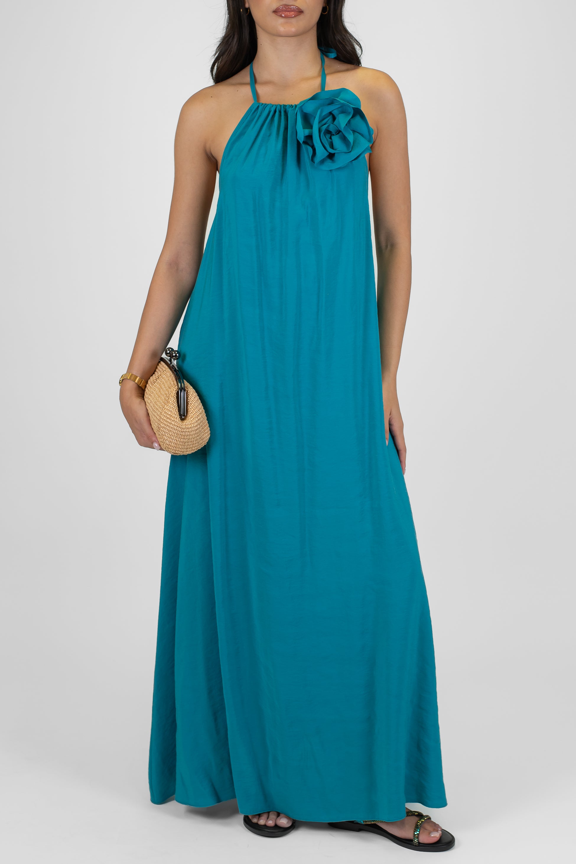 Tensione in - Abito lungo in modal scollo americano con spilla e scollatura sul retro