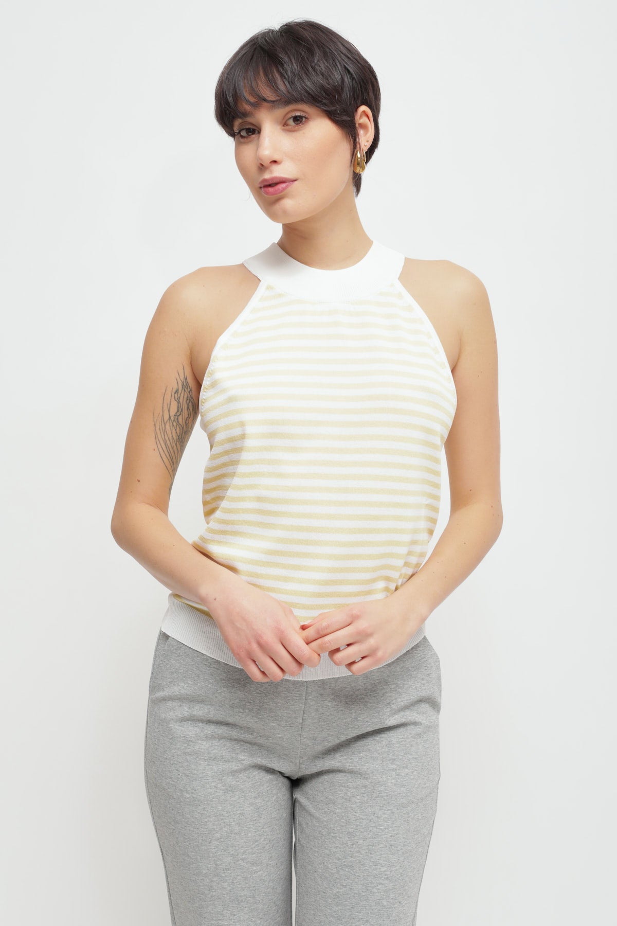 Maryley - Canotta fantasia a righe in viscosa leggera con scollo americano