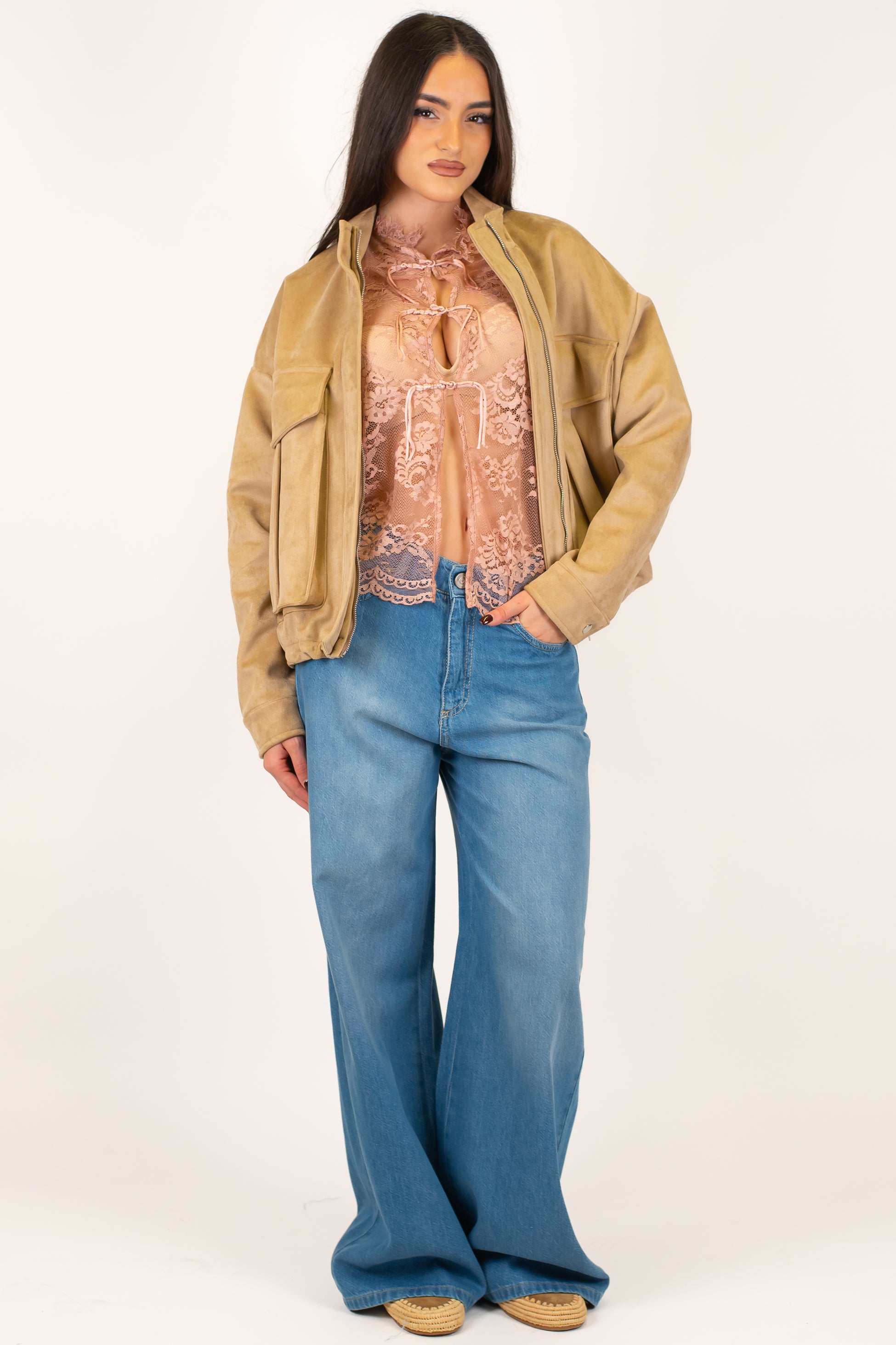 Tensione in - Denim palazzo con tascone posteriore in camoscio