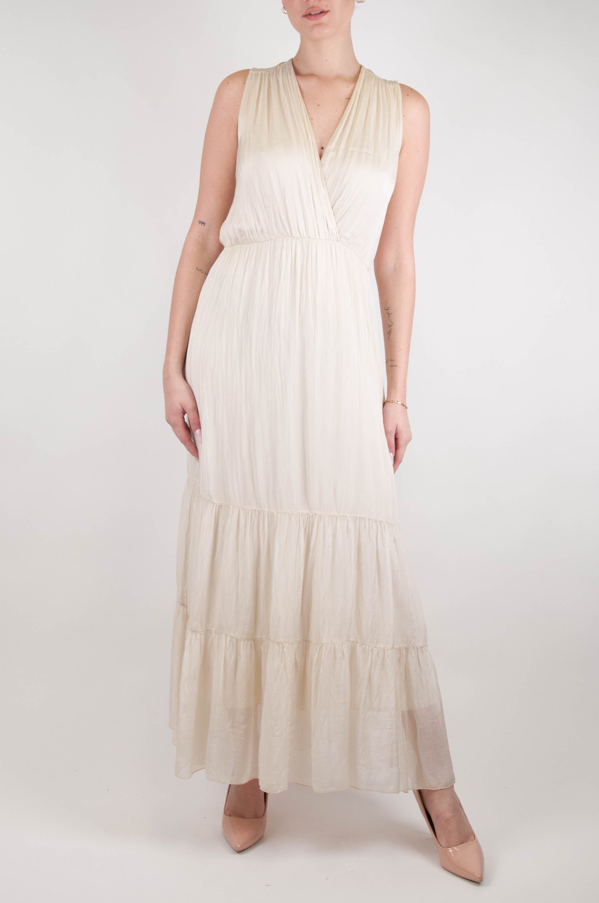 Haveone - Long sleeveless dress in silk blend with V-neck and flounces