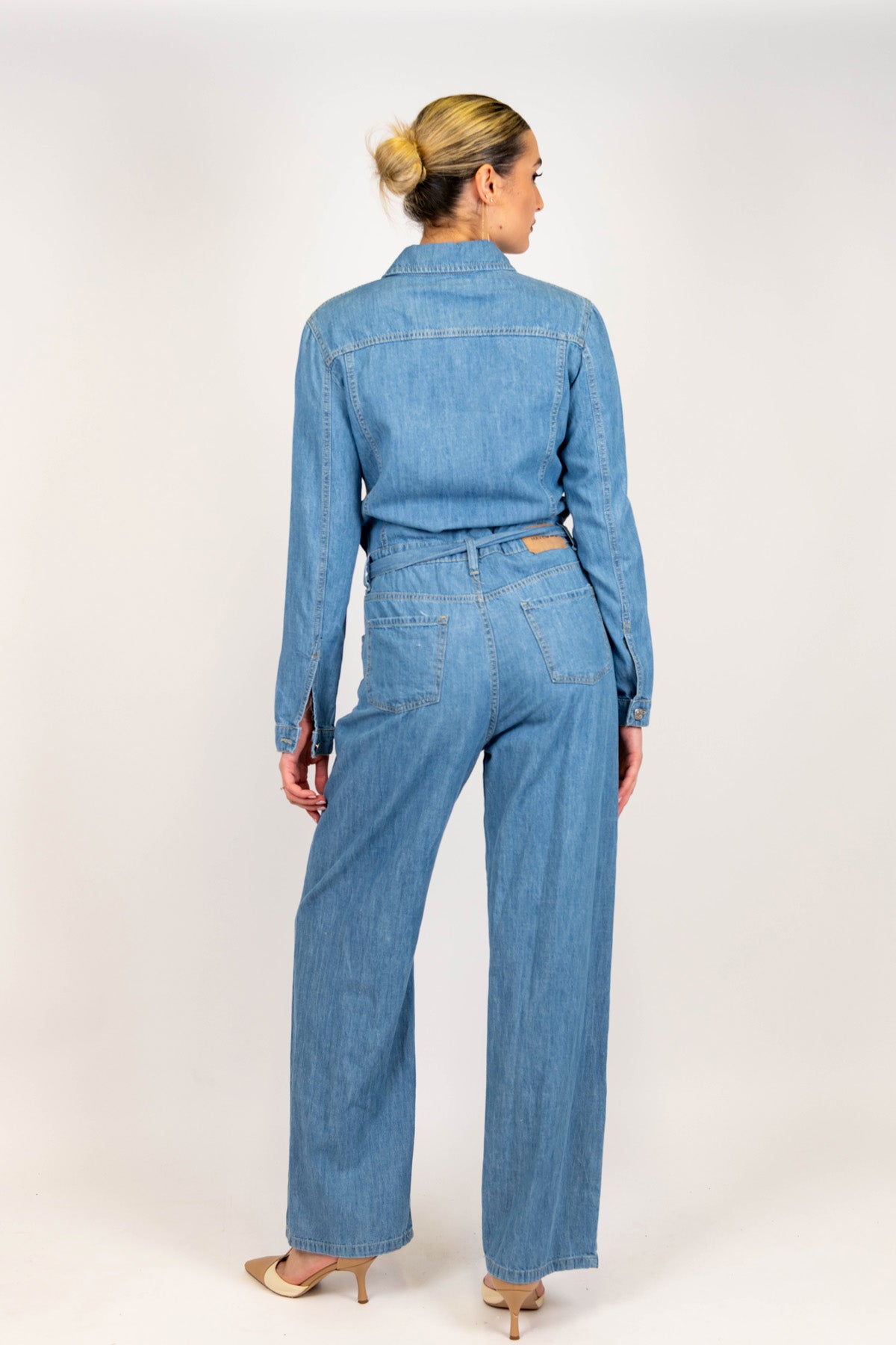 Haveone - Tuta in denim con pantalone palazzo e cintura in tessuto