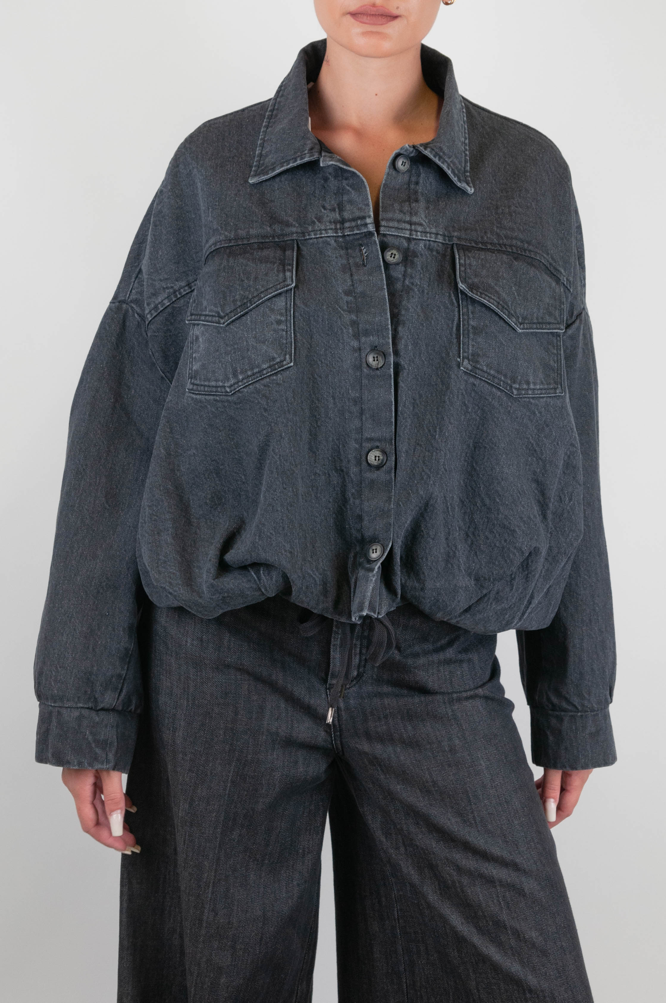 Motel - Giacca bomber denim con ealstico e coulisse sul fondo