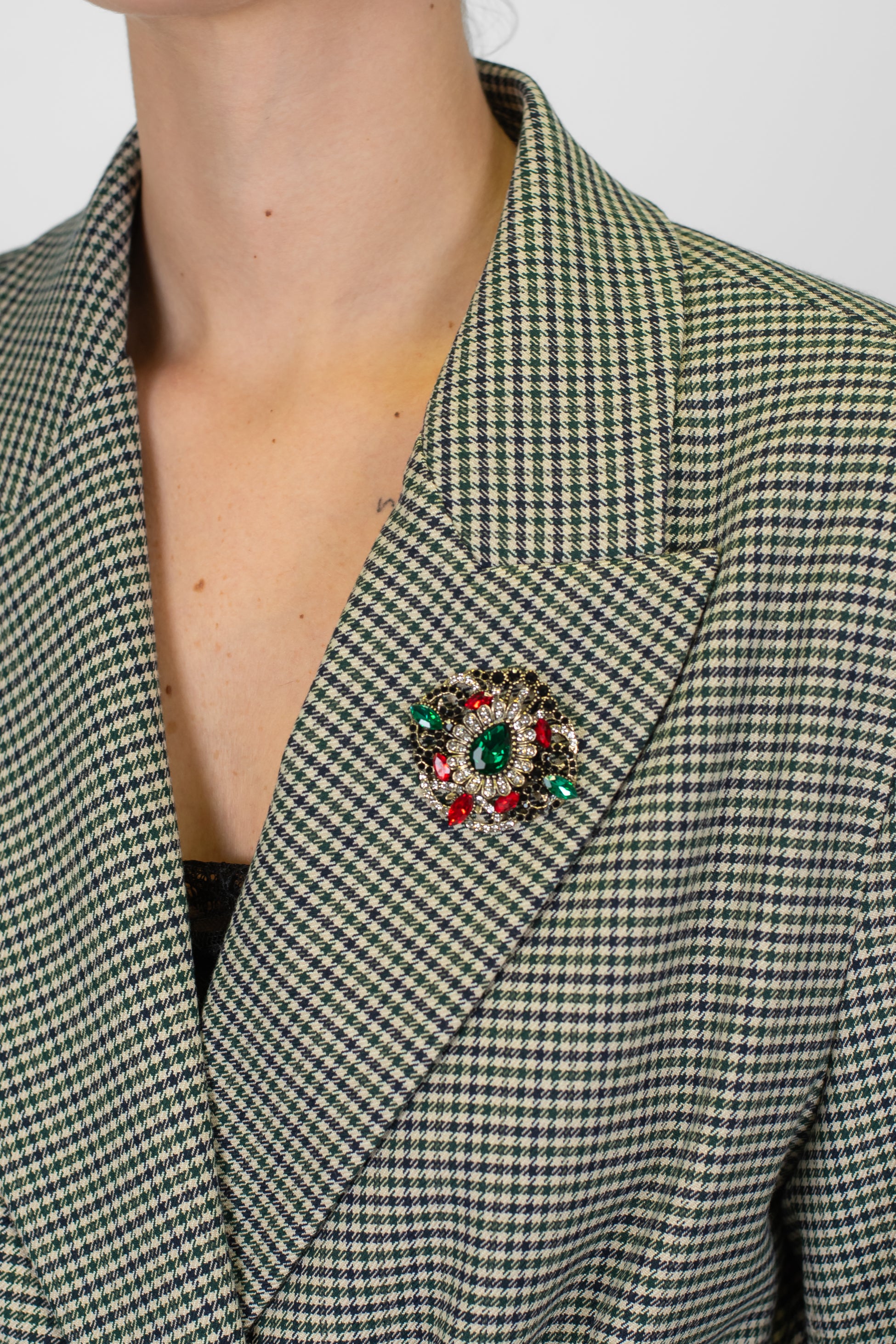 Maryley - Giacca doppiopetto microfantasia pied de poule con spilla