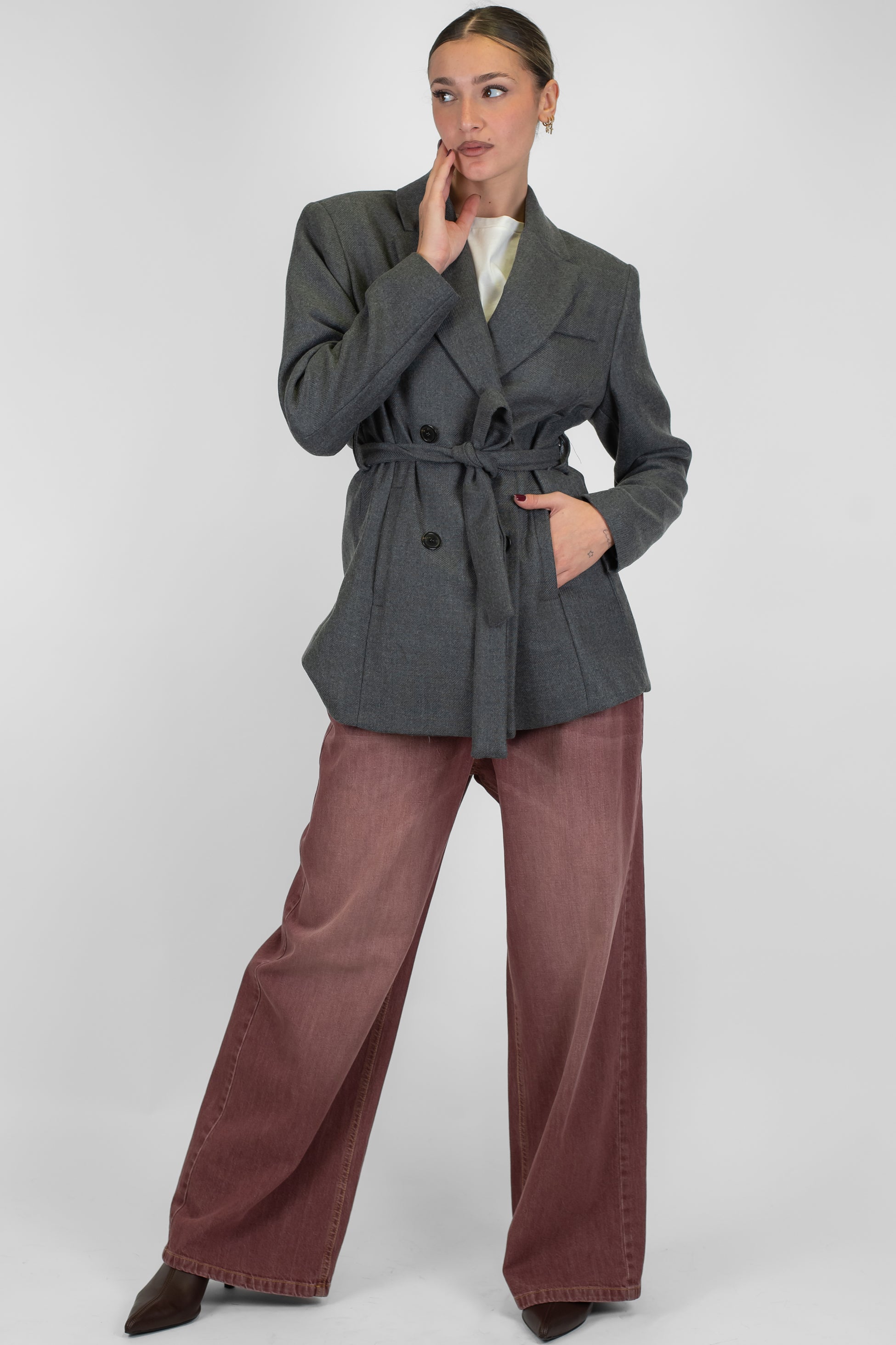 Haveone - Pantalone palazzo in denim colorato modello Amelie con tasconi sul retro