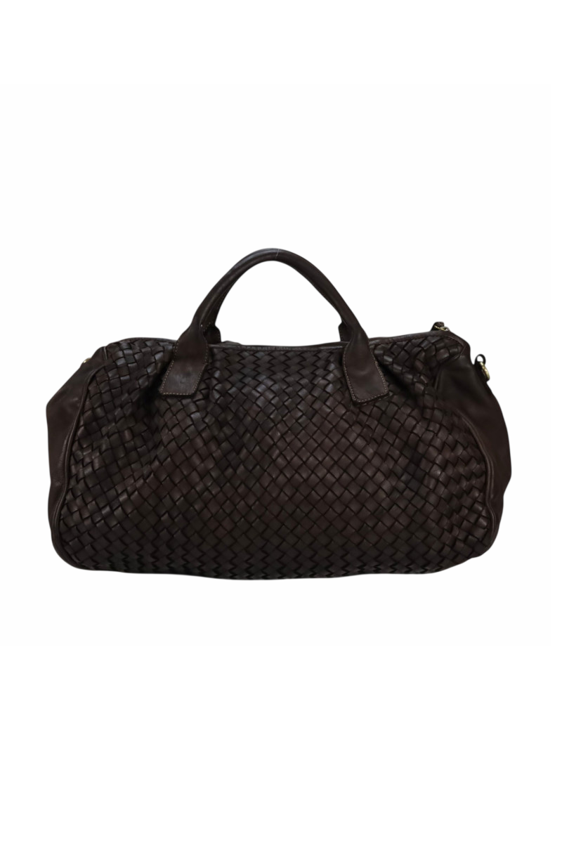 Borsa media in pelle intrecciata con manico corto e traccolla