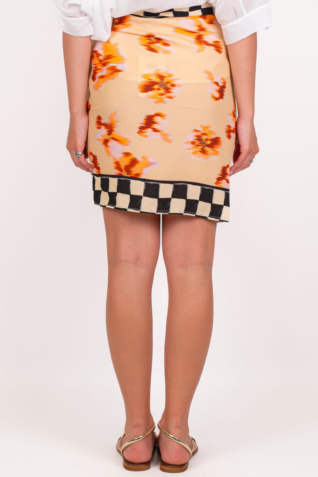 Dixie - Minigonna pareo fantasia floreale astratta con profili check a contrasto