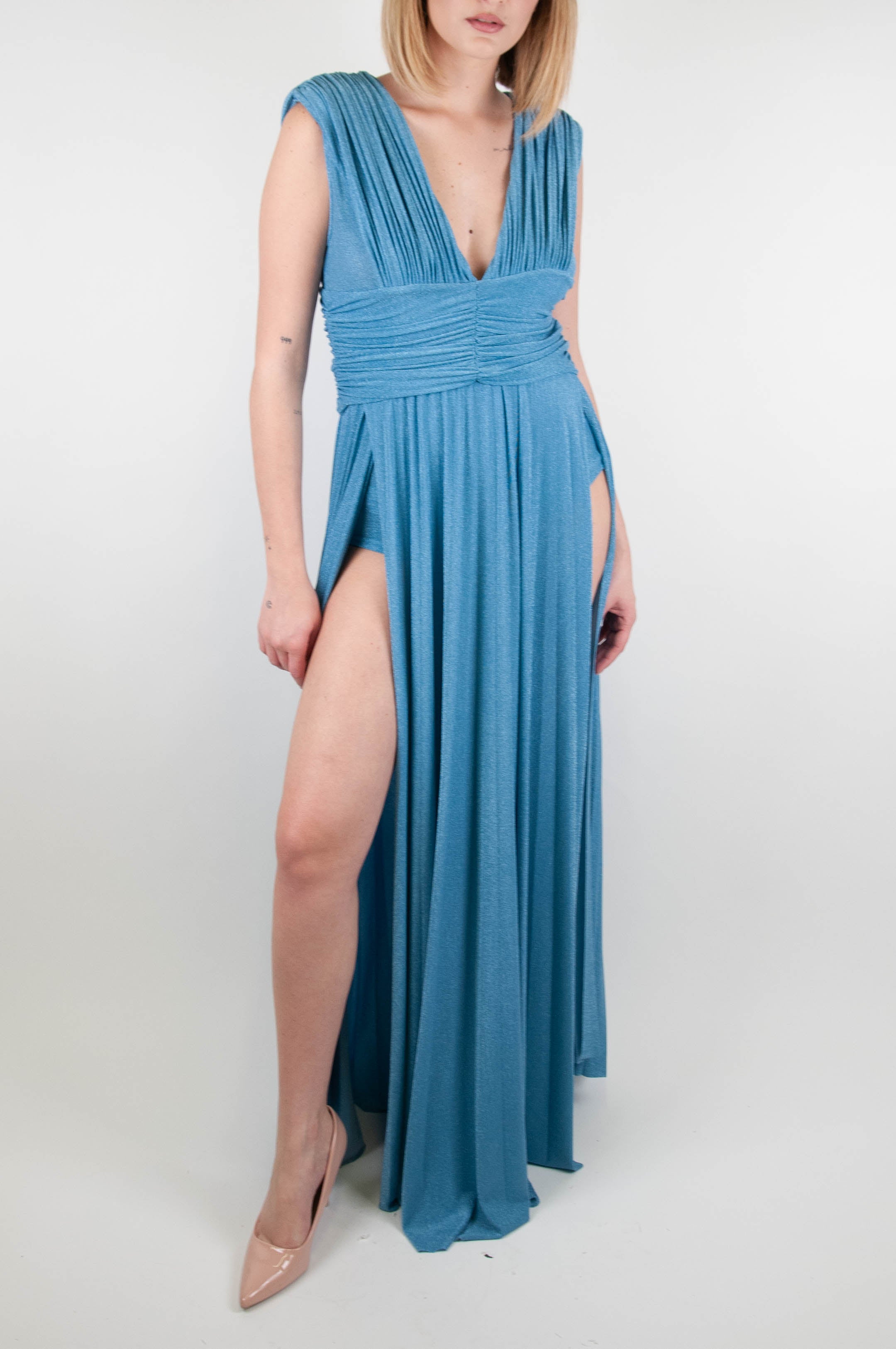 Motel - Long draped lurex dress with wide side slit