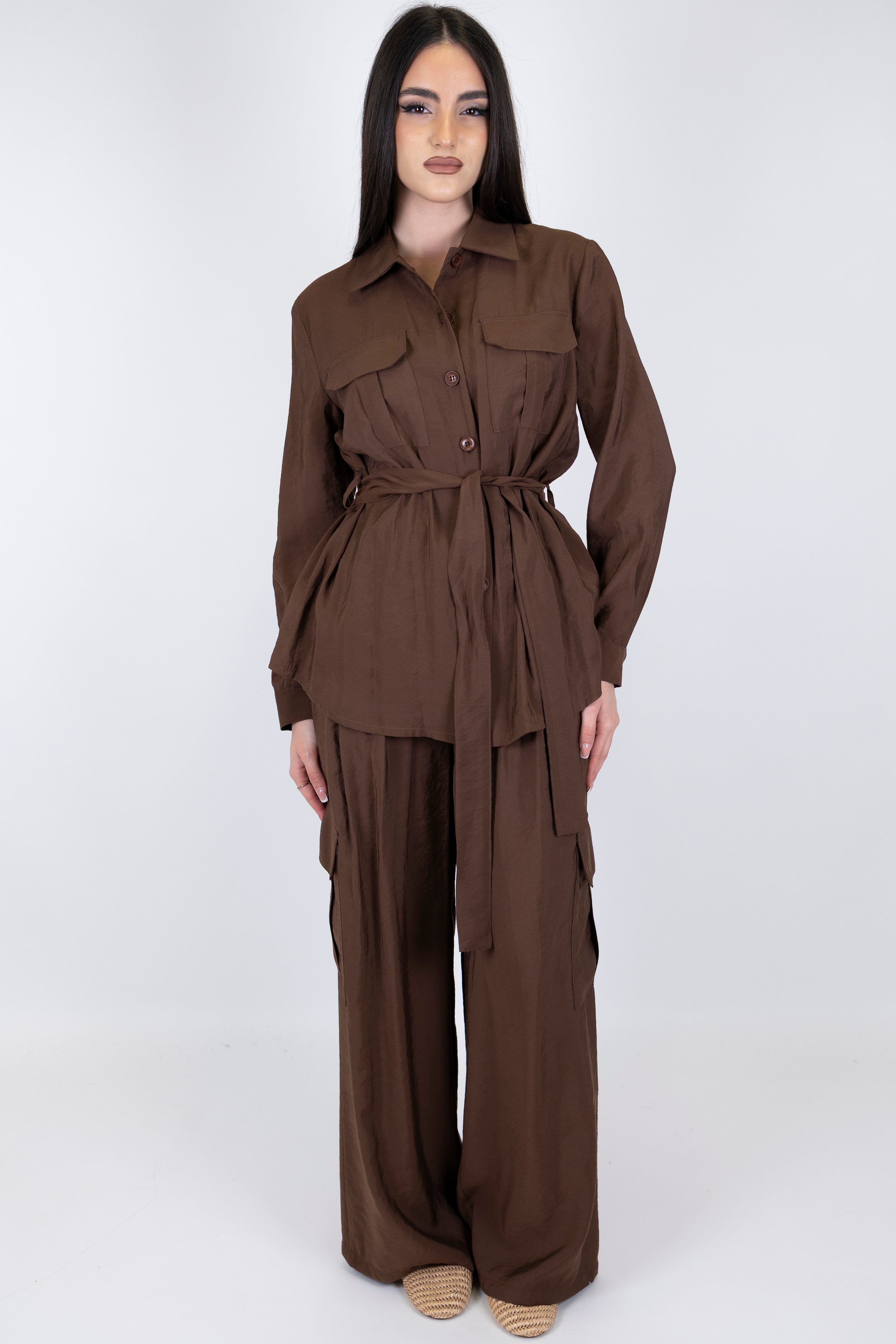 Motel - Coordinato in modal camicia con taschini e pantalone cargo palazzo con elastico in vita