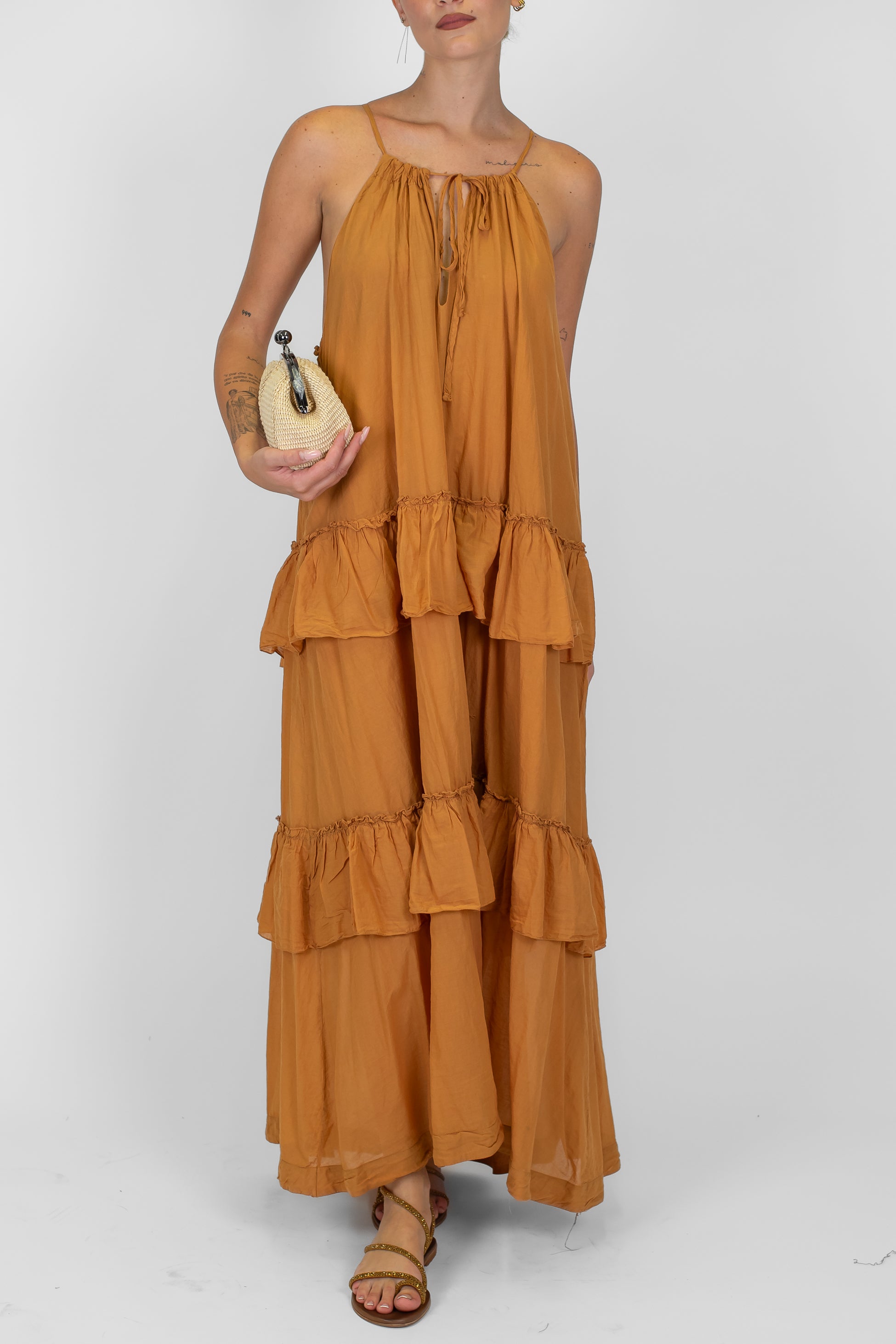 Dixie - Abito lungo in mussola di cotone scollo alla americana