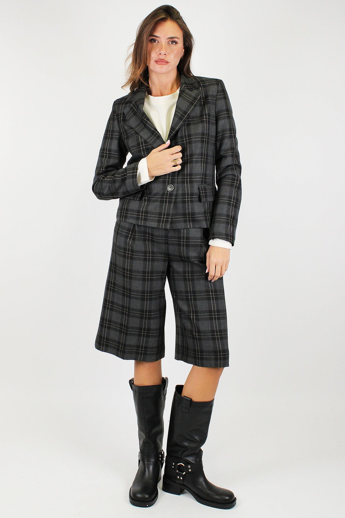 Maryley - Giacca crop fantasia check con pinces