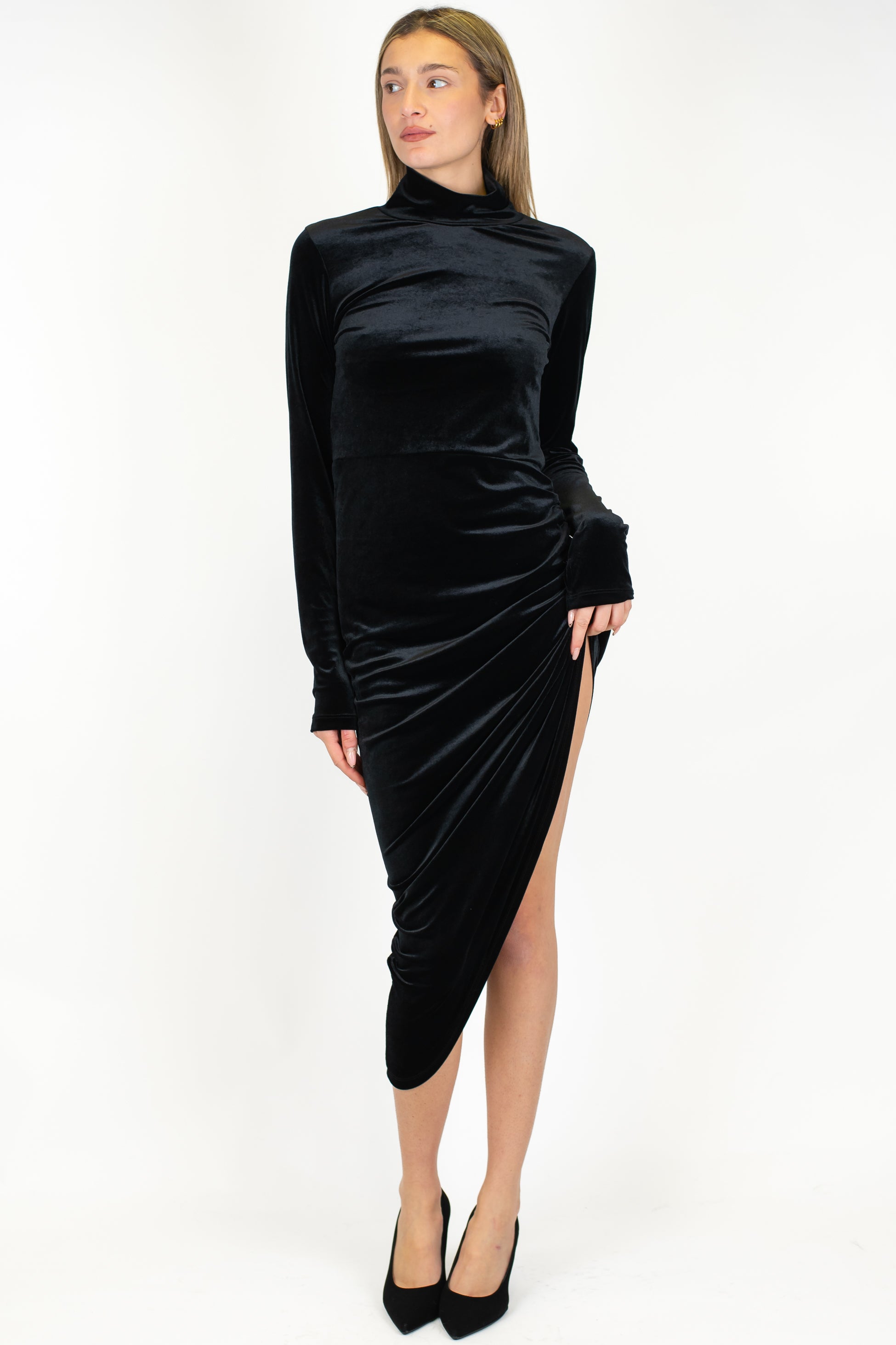 Dixie - Abito lungo mezzo collo asimmetrico in velluto