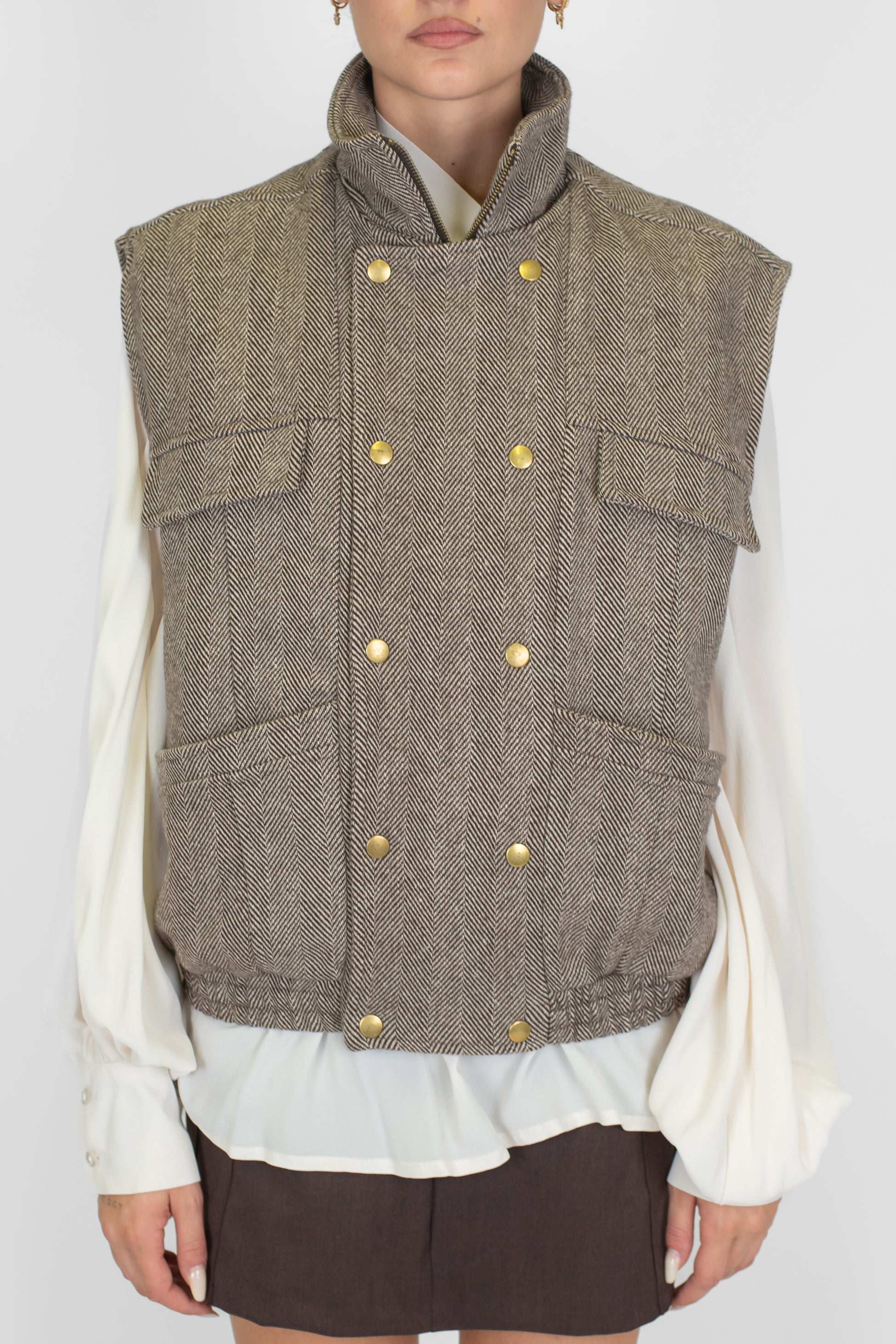 Tensione in - Bomber giromaniche fantasia spigata in misto lana con tasconi e doppia abbottonatura