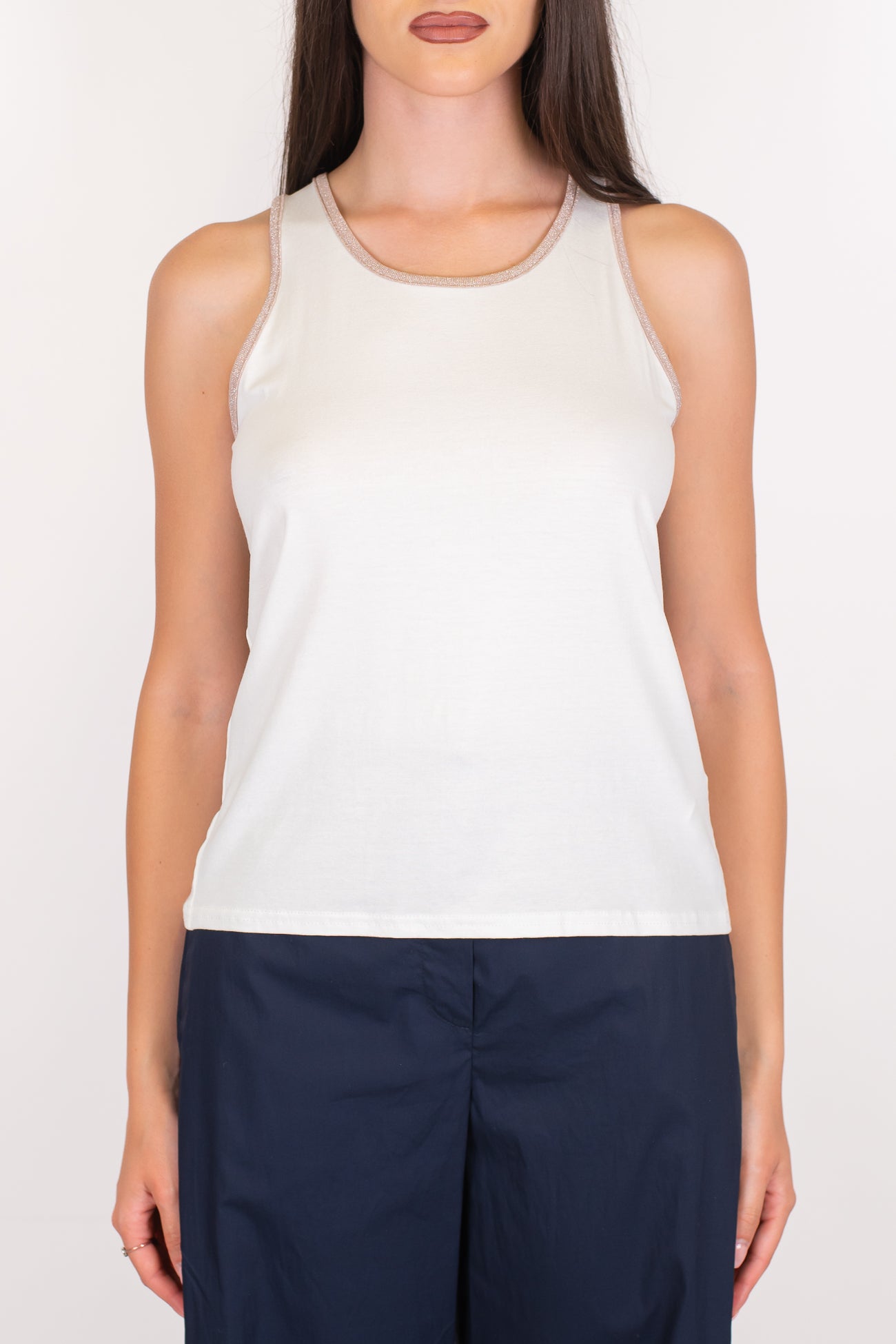 Maryley - Canotta in viscosa con profili lurex e fiocchetti sul retro