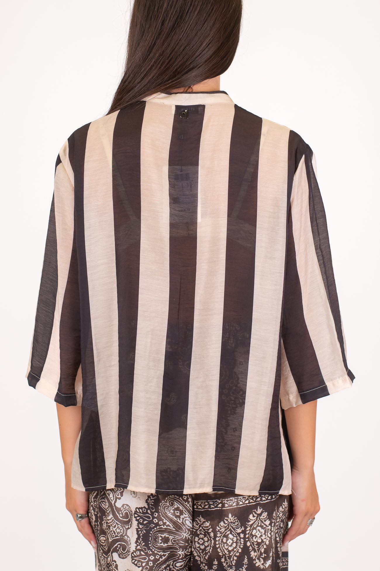 Dixie - Camicia fantasia a righe in viscosa leggera con collo coreano e manica