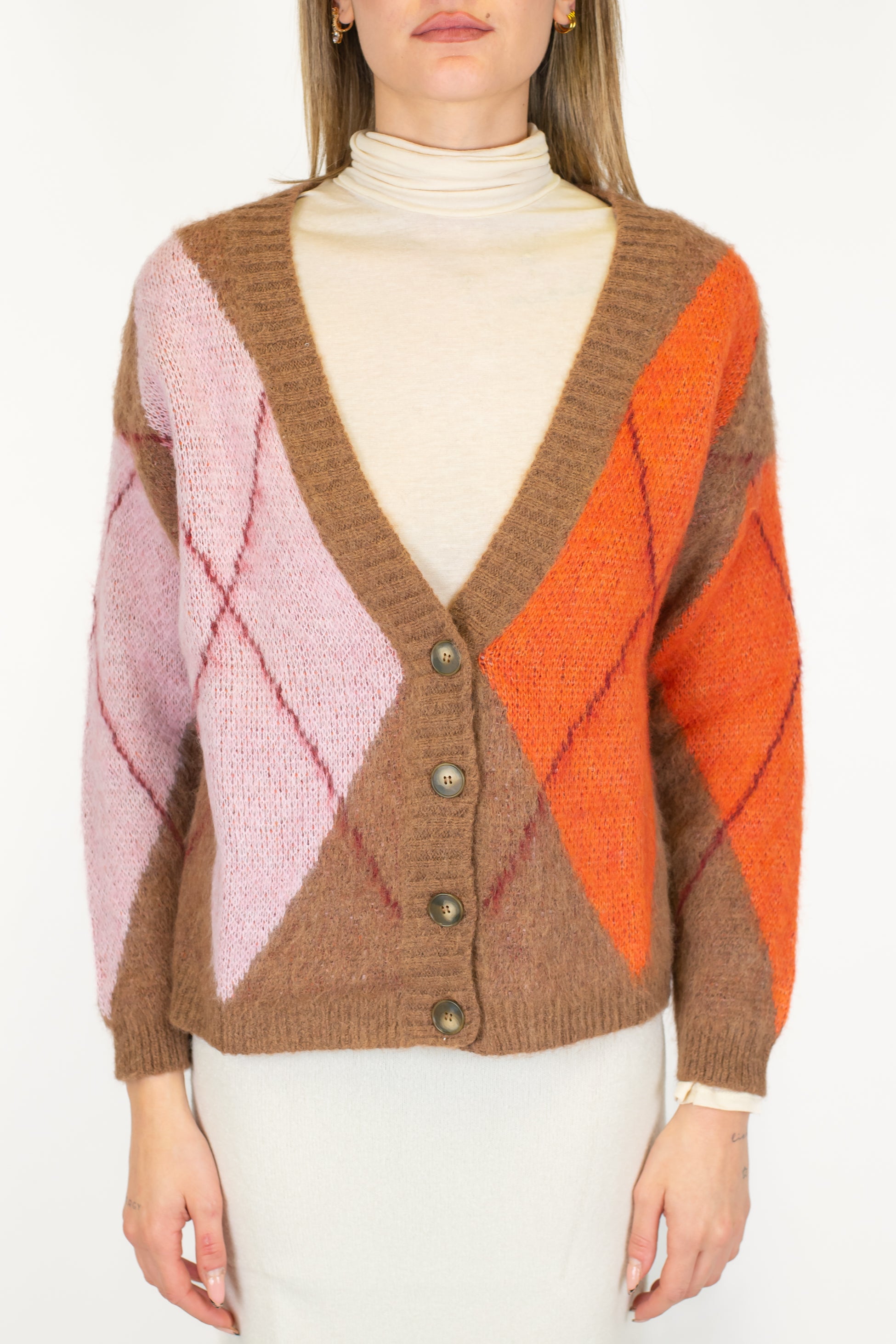 Dixie - Cardigan fantasia rombi a contrasto in misto lana