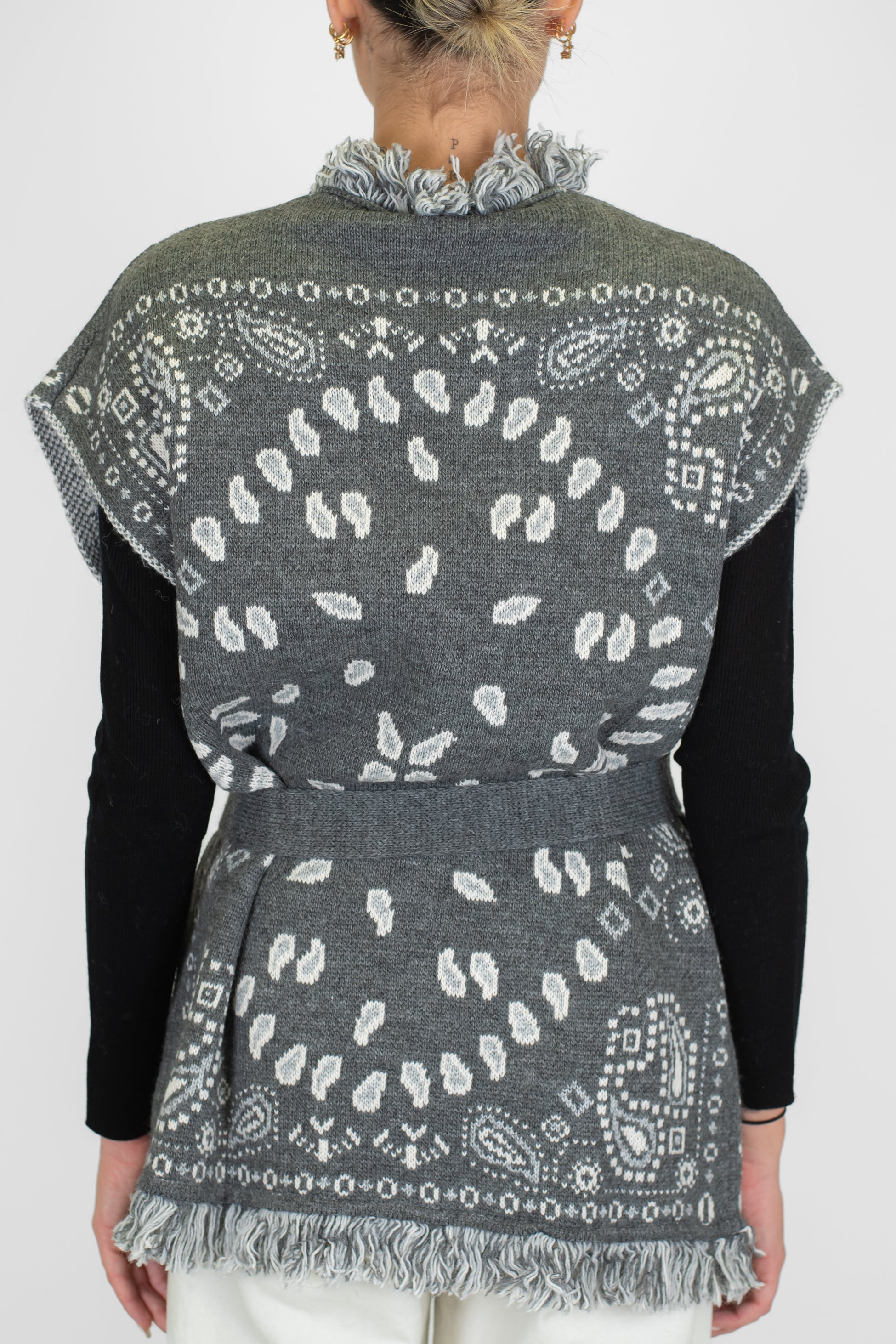 Tensione in - Cardigan giromaniche fantasia in misto lana con frange e cintura in tessuto