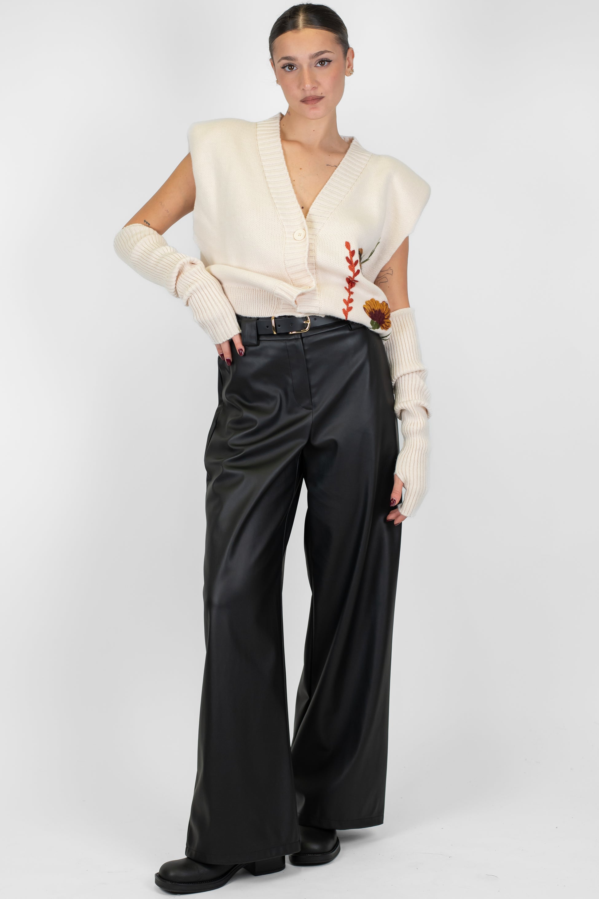 Maryley - Gilet over con spalline in misto lana con applicazioni e manicotti