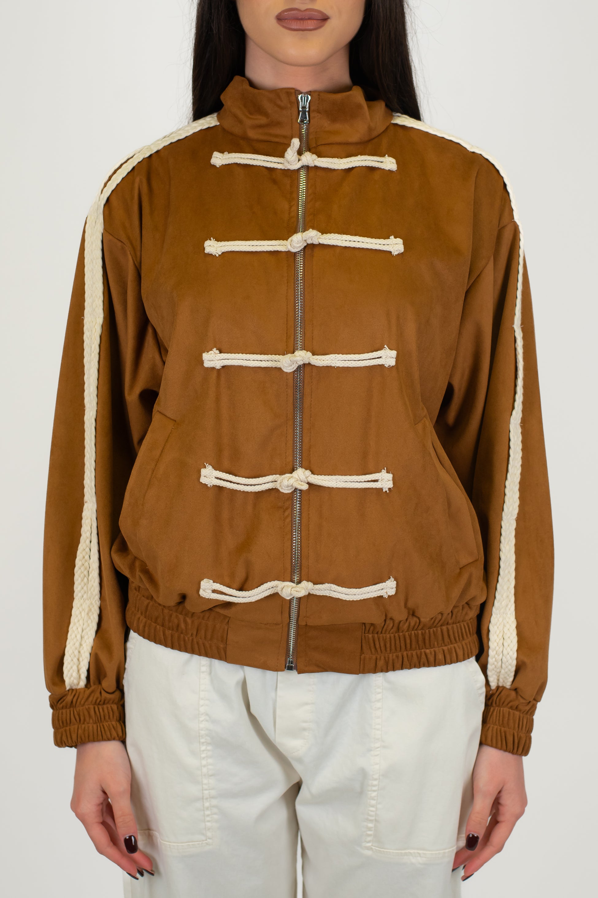 Haveone - Bomber in dainetto con chiusura zip e alamari