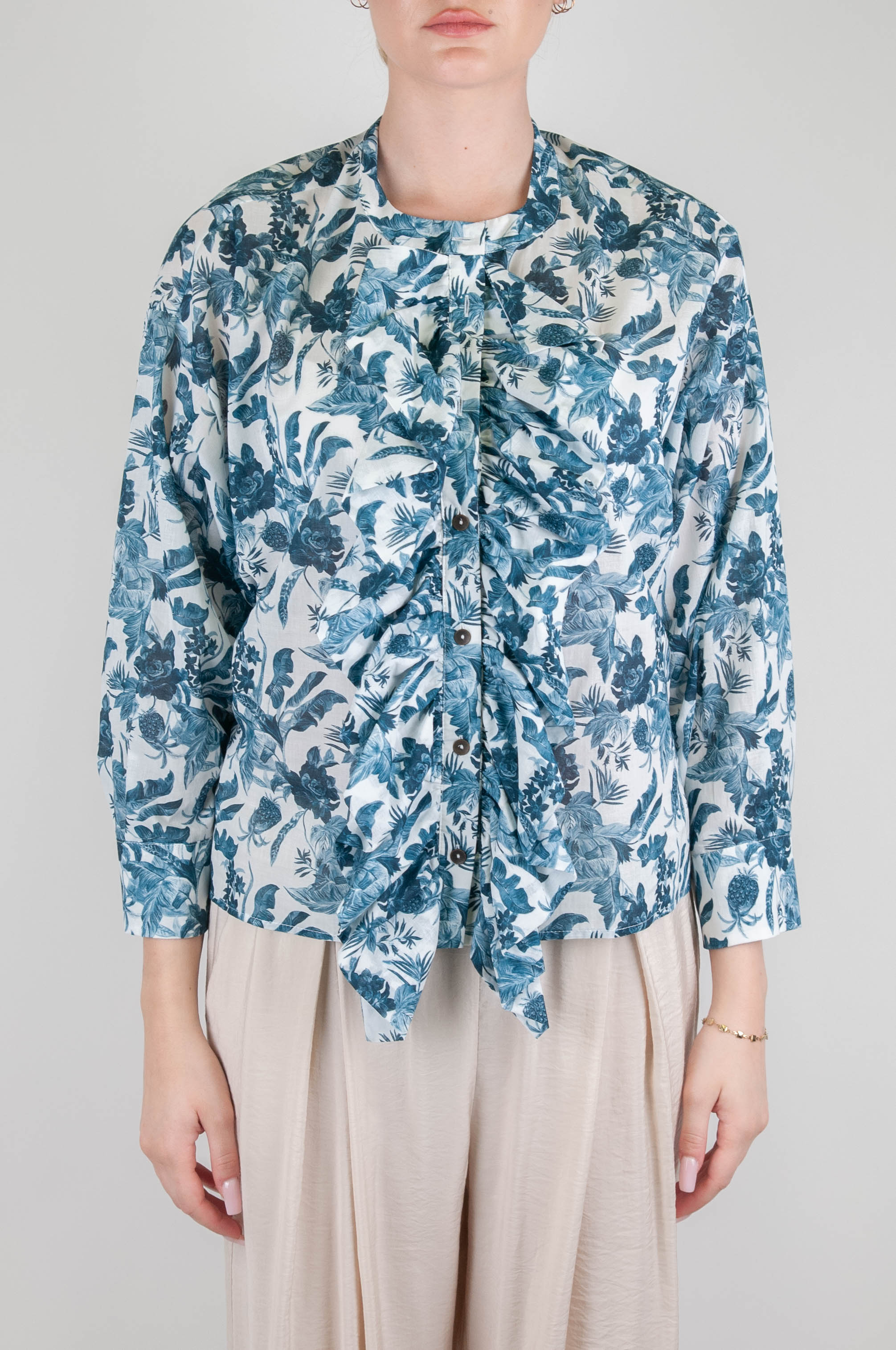 Tension in - Patterned cotton muslin shirt with ruffles on the front