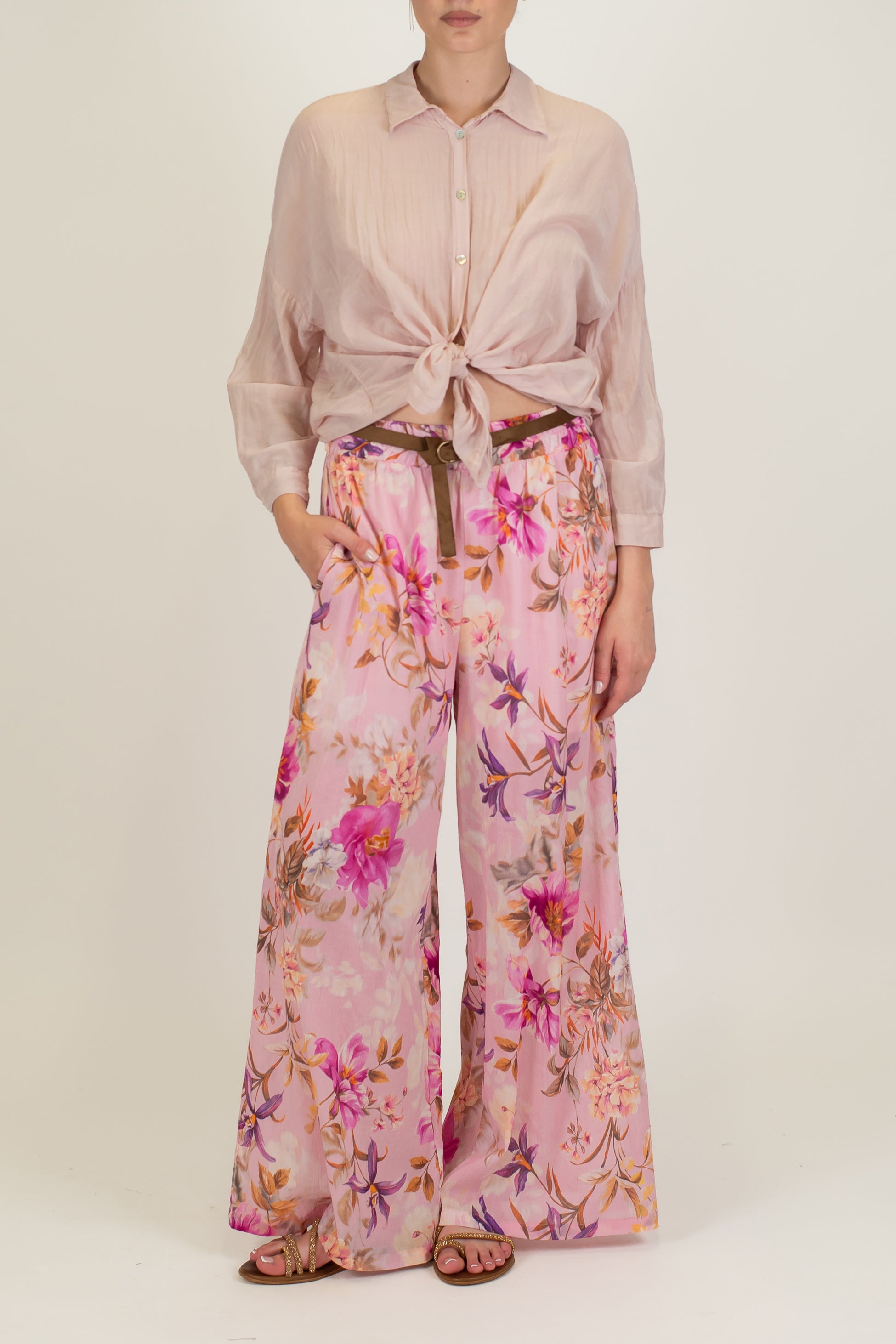 Motel - Pantalone palazzo fantasia floreale in mussola di cotone con elastico in vita