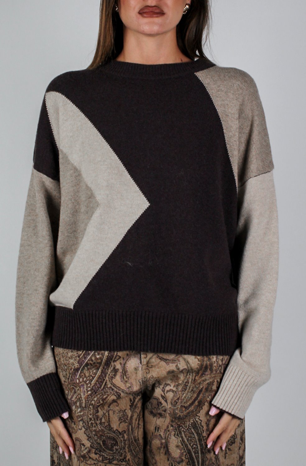 Maryley - Maglia girocollo fantasia rombi laterali a contrasto in misto lana e cashmere