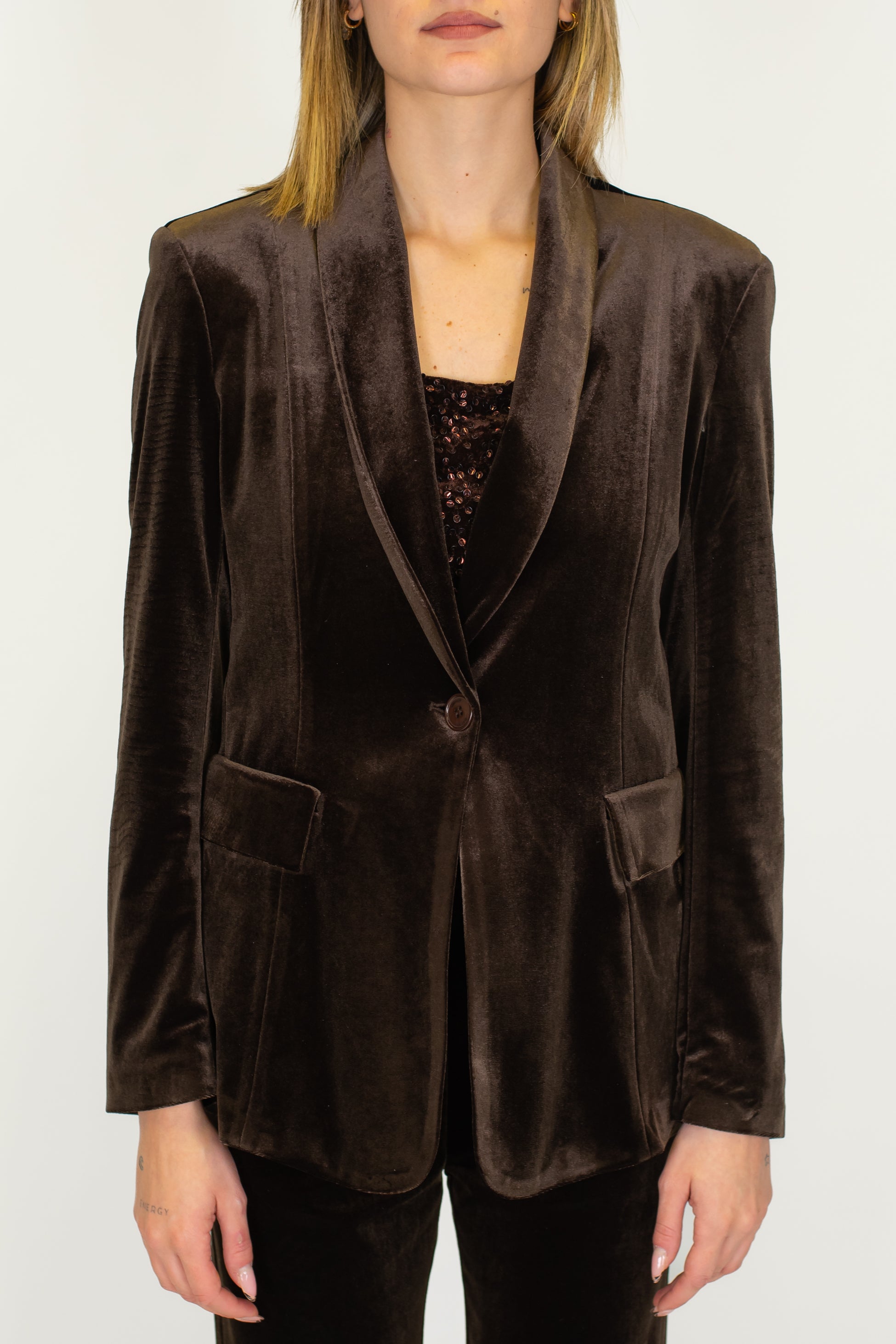 Maryley - Tailleur giacca con collo sciallato e pantalone palazzo in velluto con elastico in vita