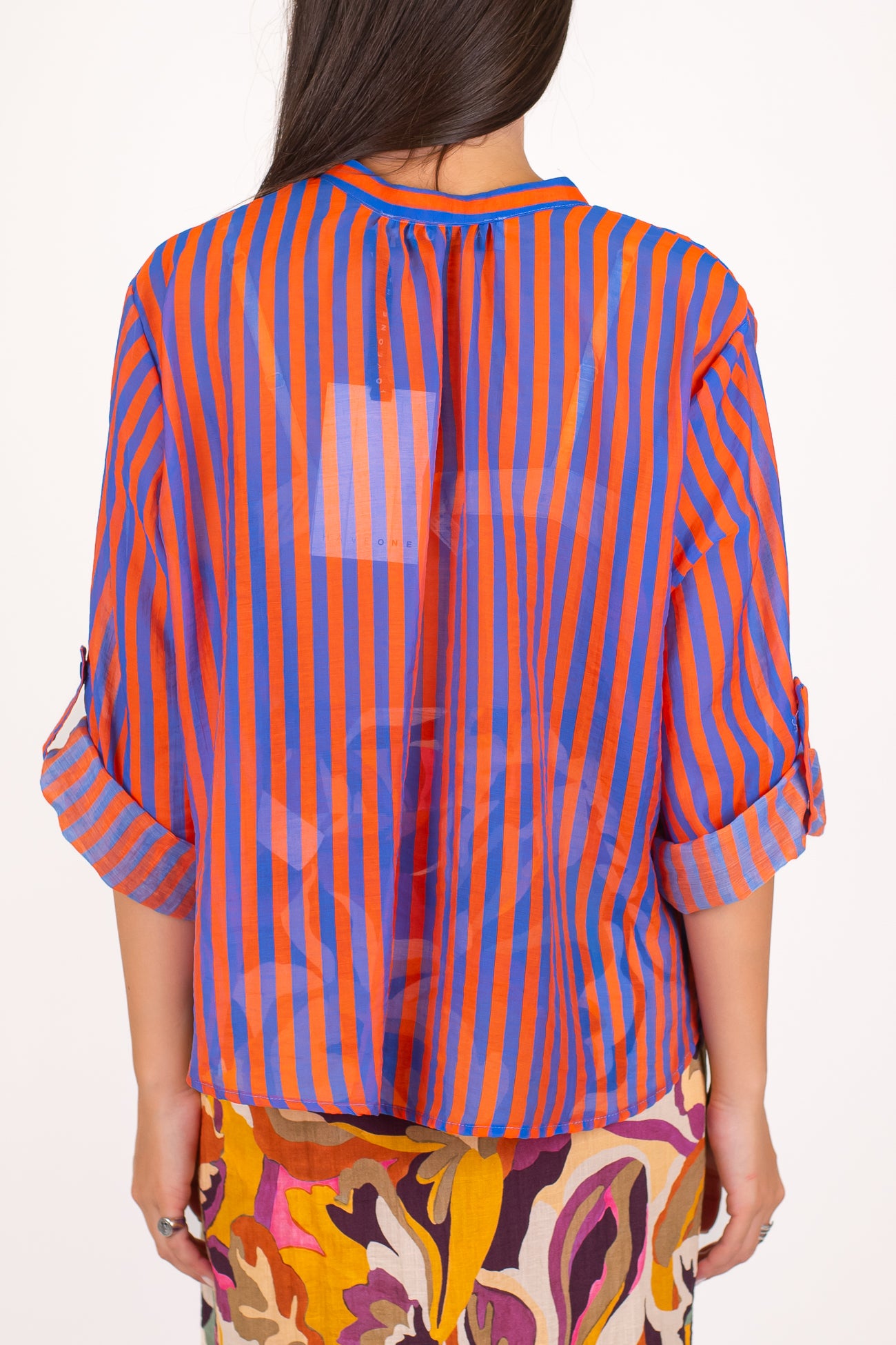 Haveone - Camicia a righe strette in lyocell con collo coreano e pinces sul retro