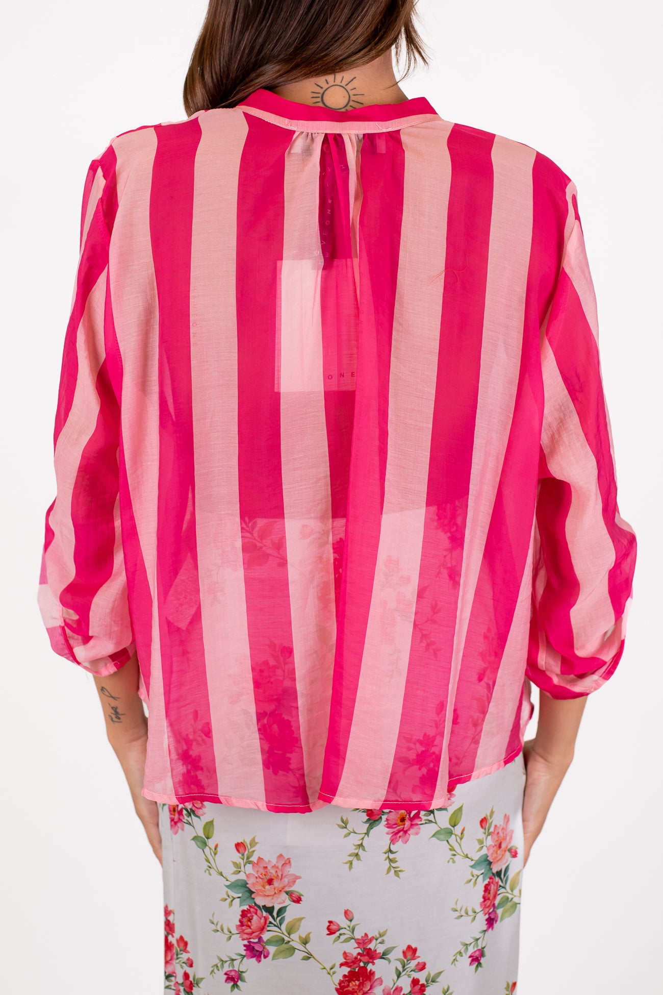 Haveone - Camicia fantasia a righe a contrasto in lyocell con manica tre quarti