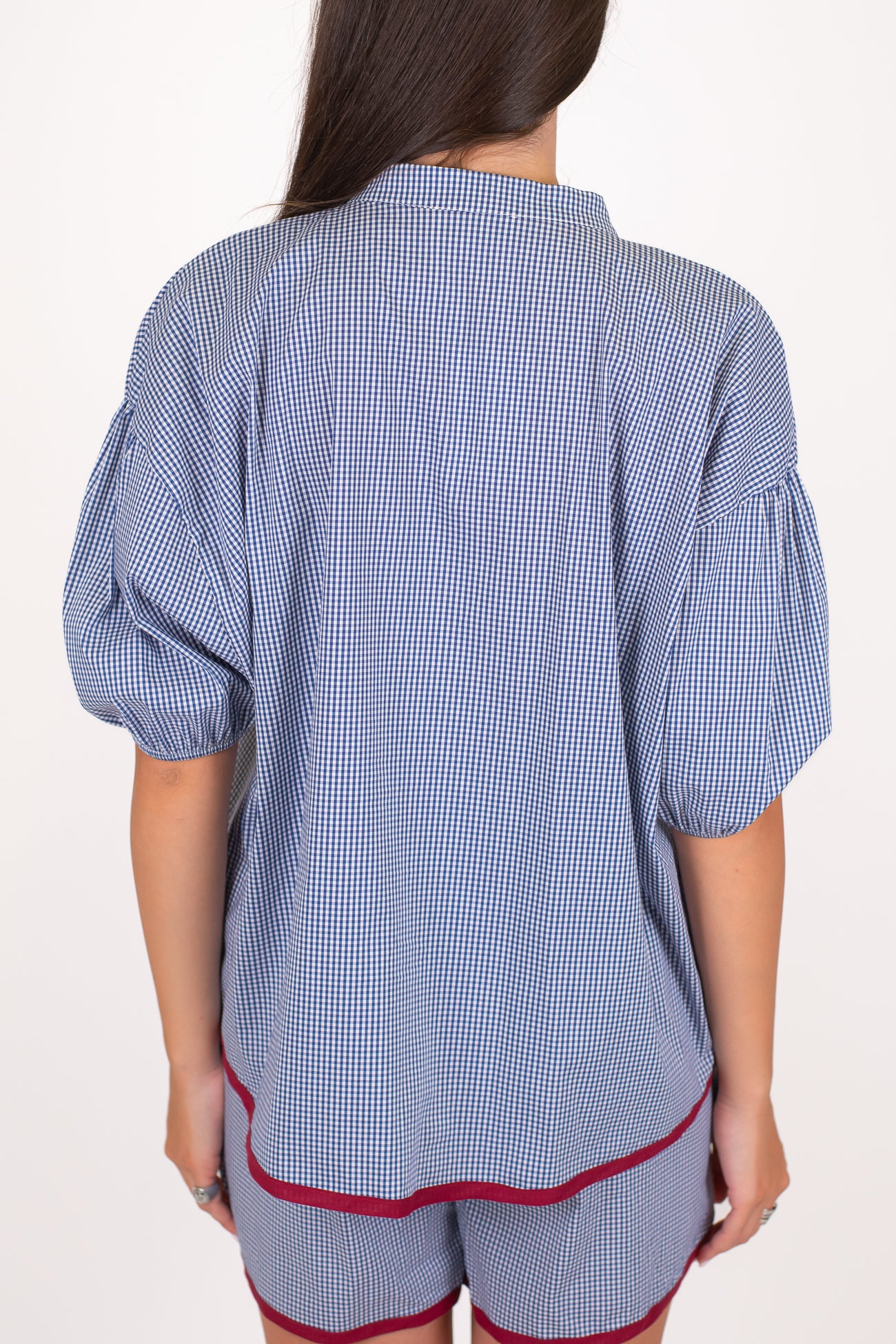 Motel - Camicia collo coreano mezzamanica fantasia vichy con profilo a contrasto e chiusura con laccetti