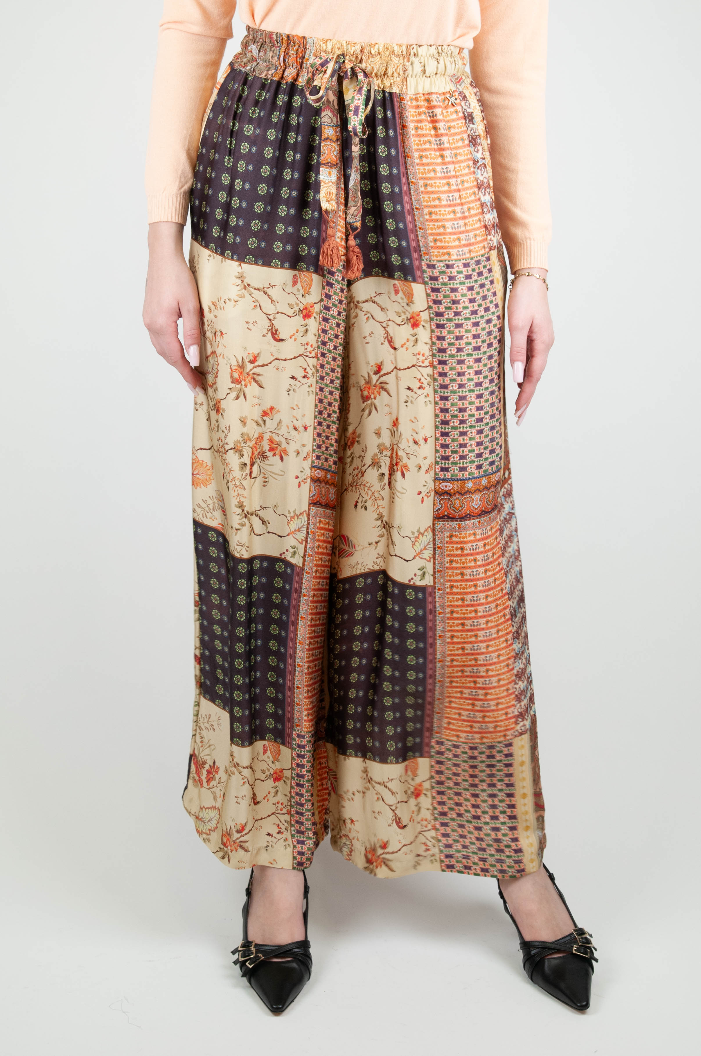 Souvenir - Palazzo trousers in viscose with elasticated waist and multicolored patterned drawstring