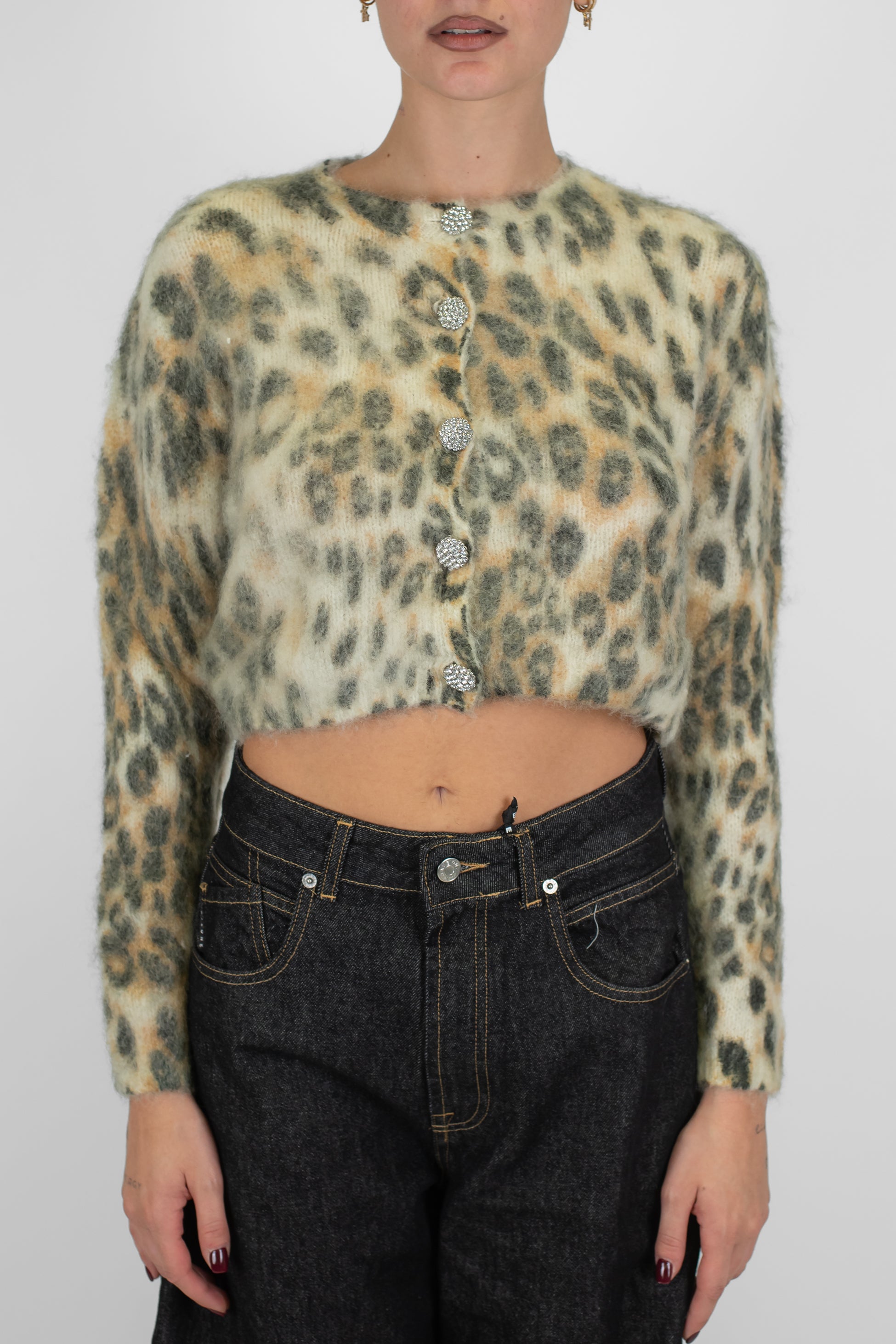 Tensione in - Cardigan girocollo fantasia animalier maculato in misto lana mohair con bottoni gioiello