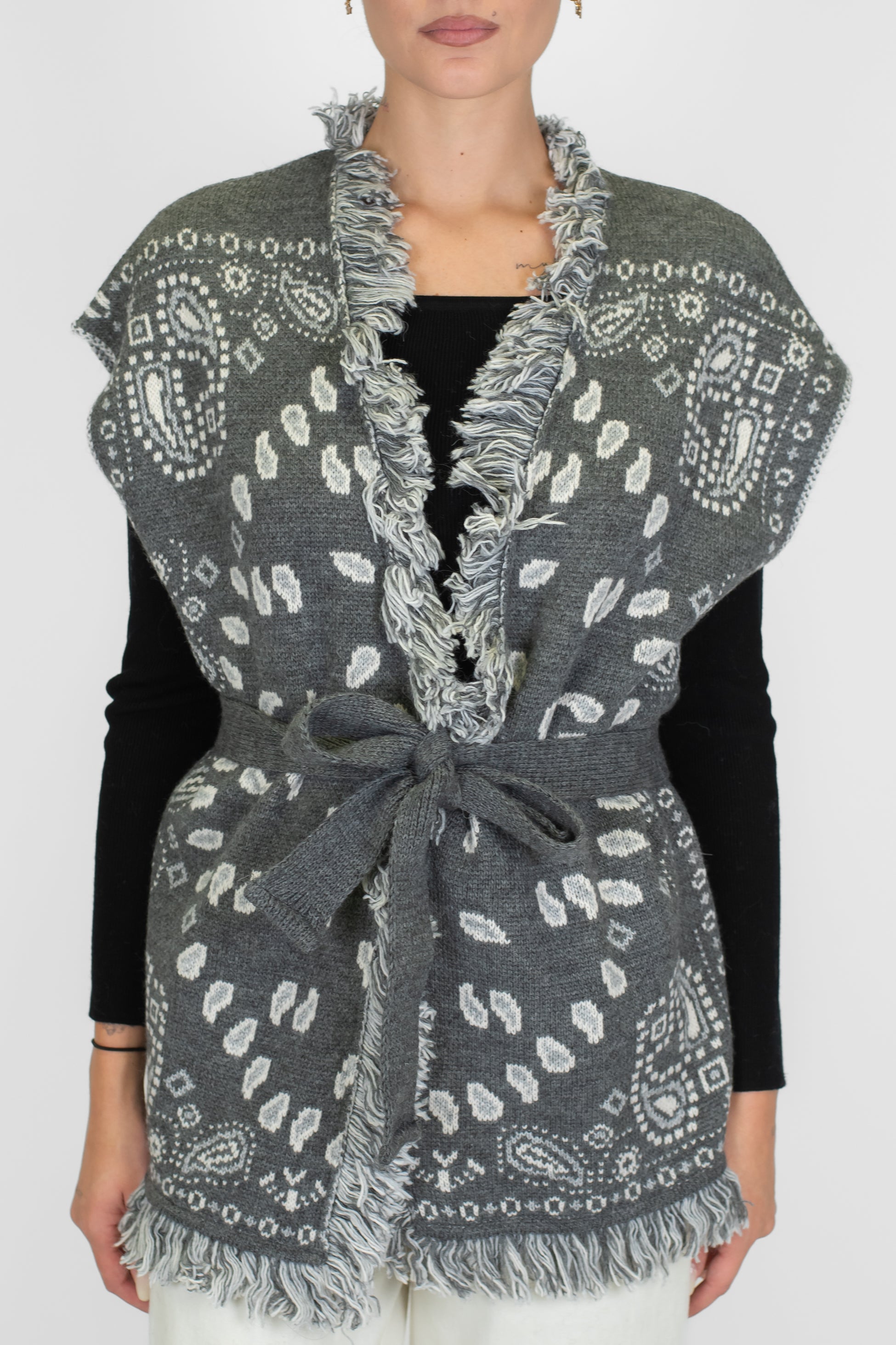 Tensione in - Cardigan giromaniche fantasia in misto lana con frange e cintura in tessuto