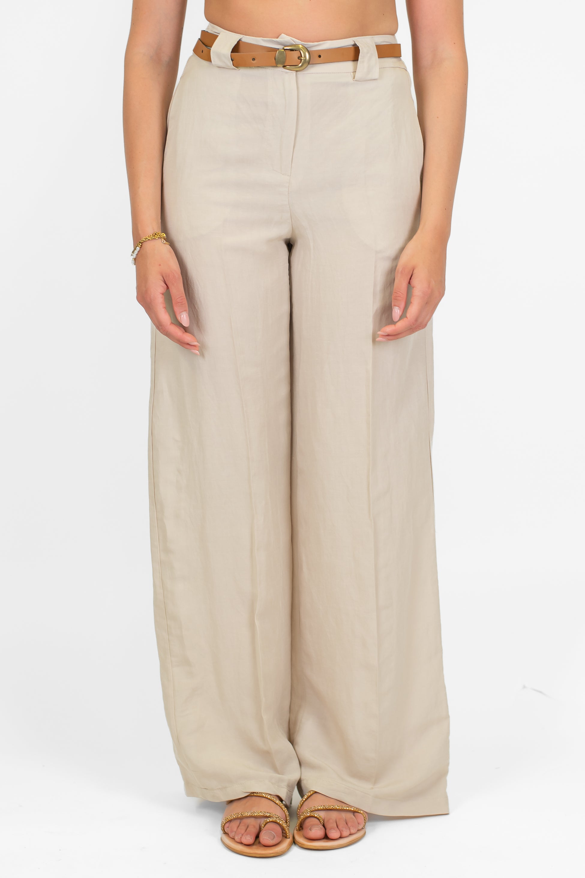 Tensione in - Pantalone palazzo in misto lino e viscosa con elastico sul retro