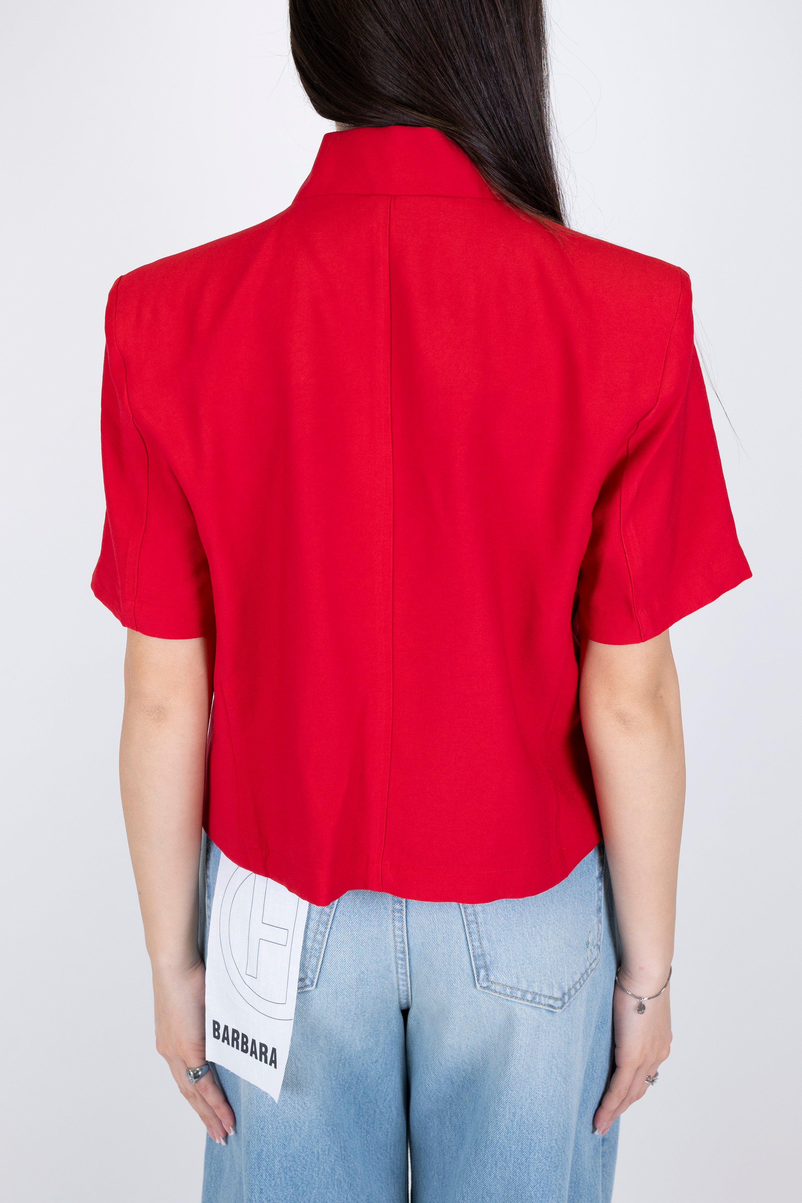 Haveone - Giacca crop mezzamanica con spalline, collo coreano e chiusura asimmetrica alta
