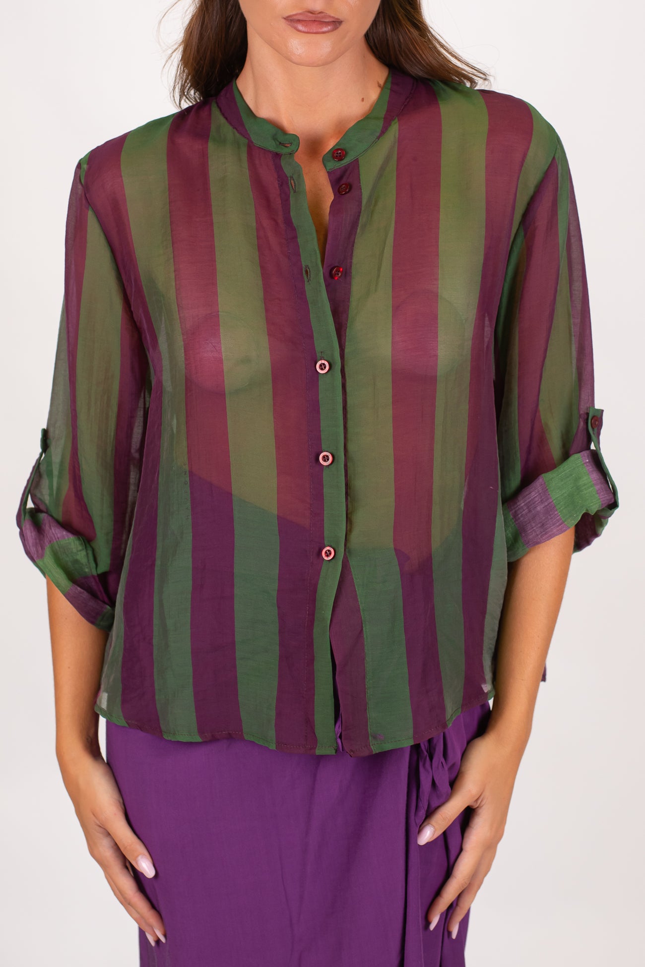 Haveone - Camicia fantasia a righe a contrasto in lyocell con manica tre quarti