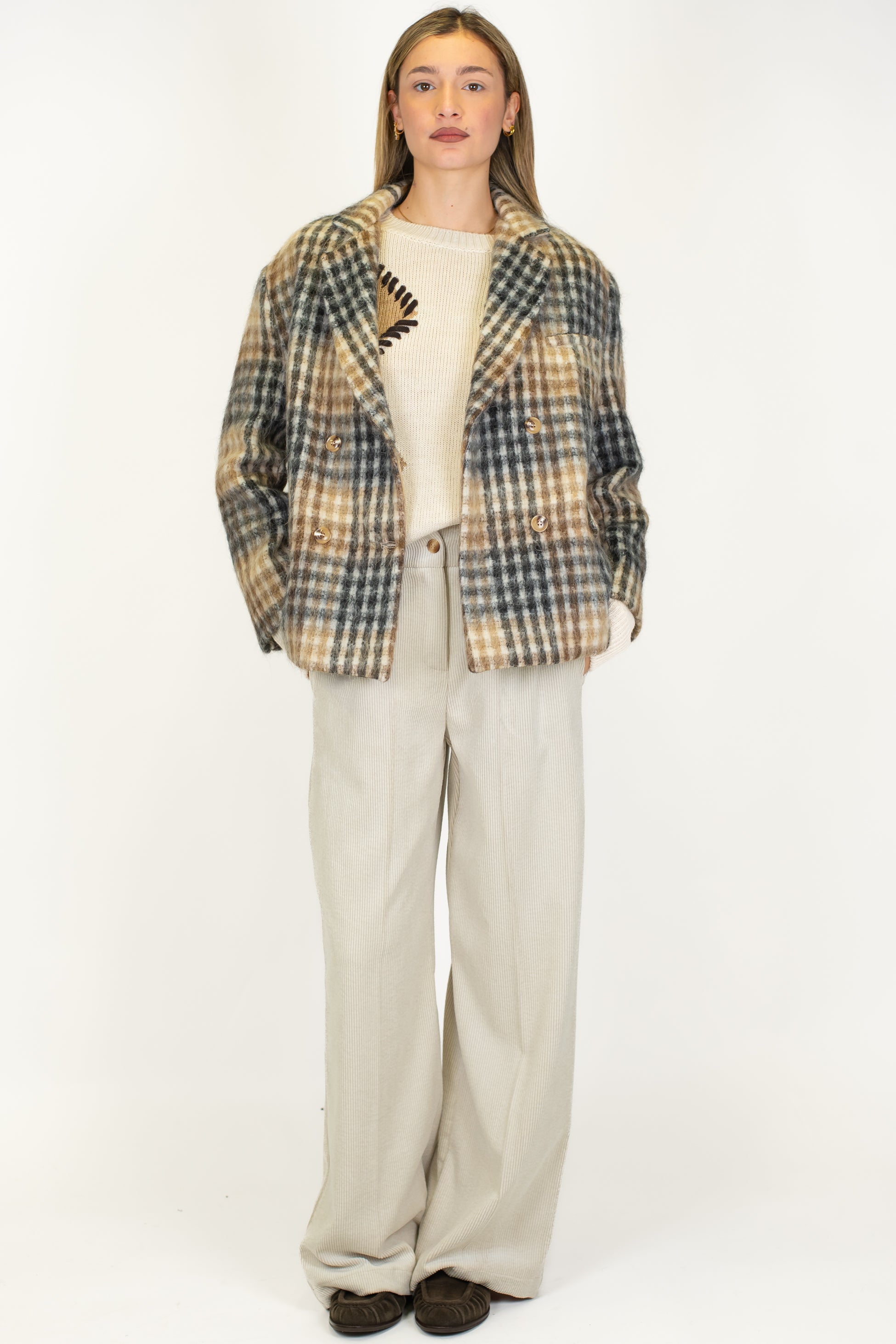 Tensione in - Giacca doppiopetto a scatola fantasia check in misto lana