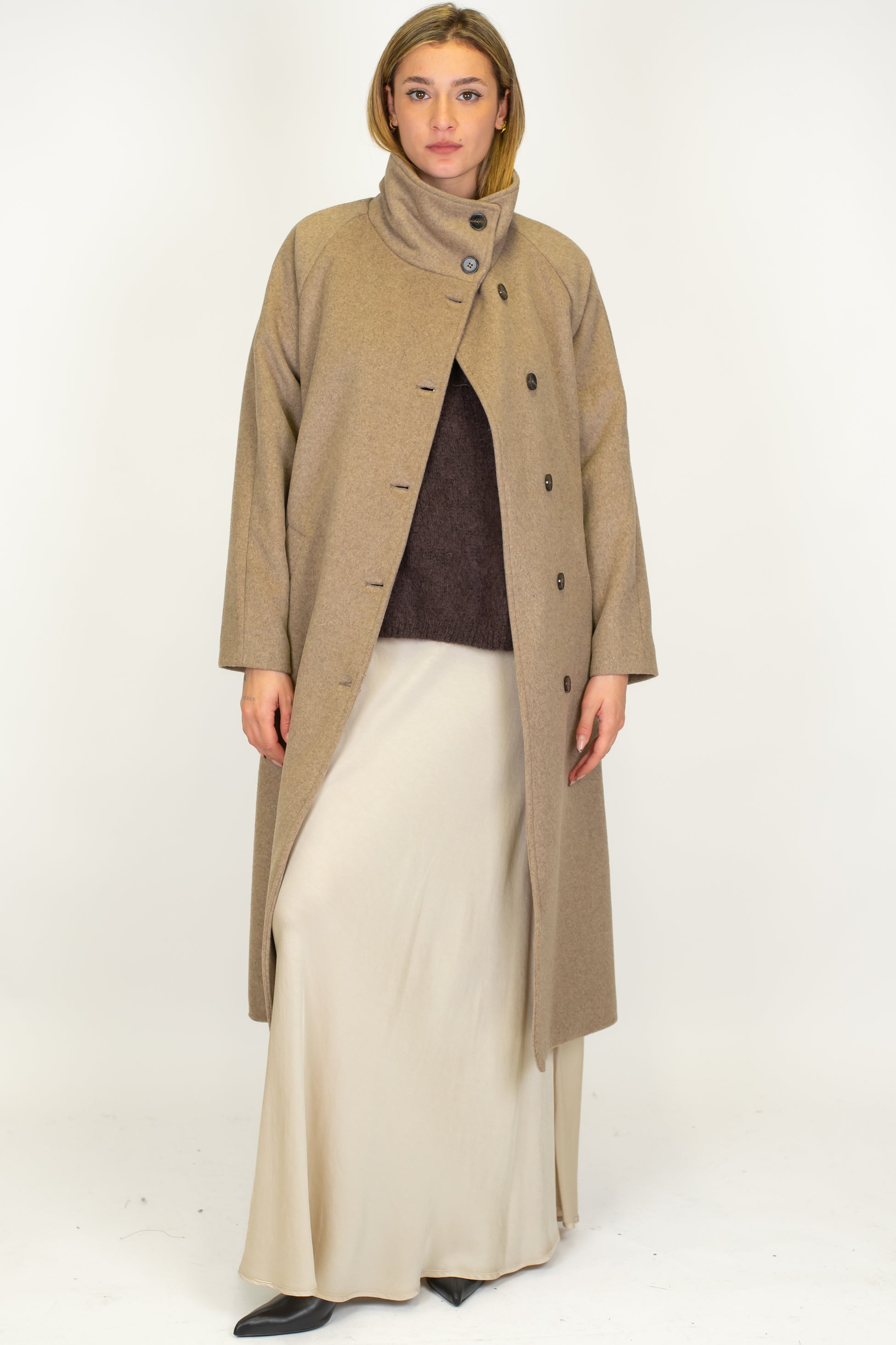 Tensione in - Cappotto lungo collo alto in misto lana con cintura in tessuto