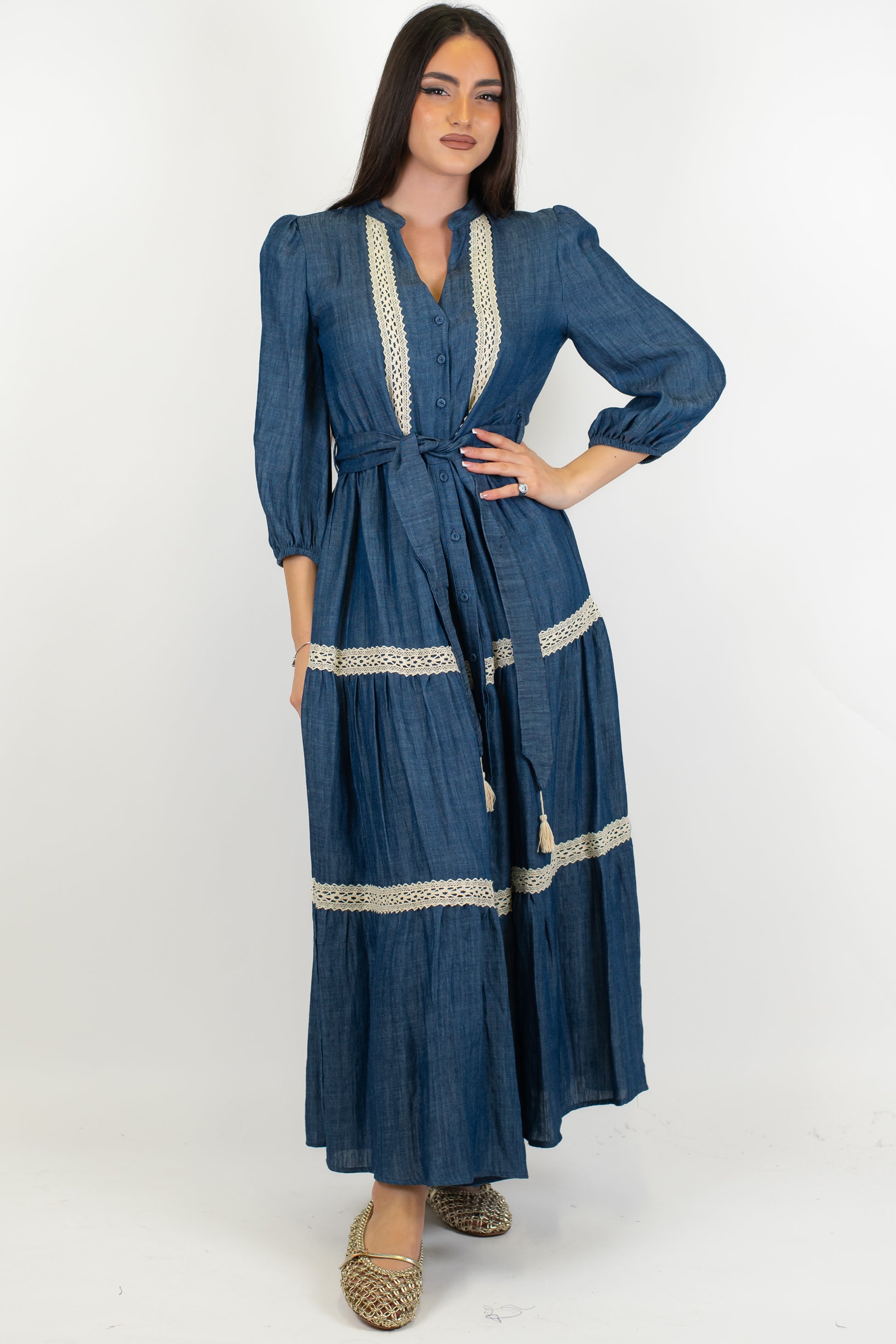 Motel - Chemisier in misto lino e tencel effetto denim con dettagli in pizzo