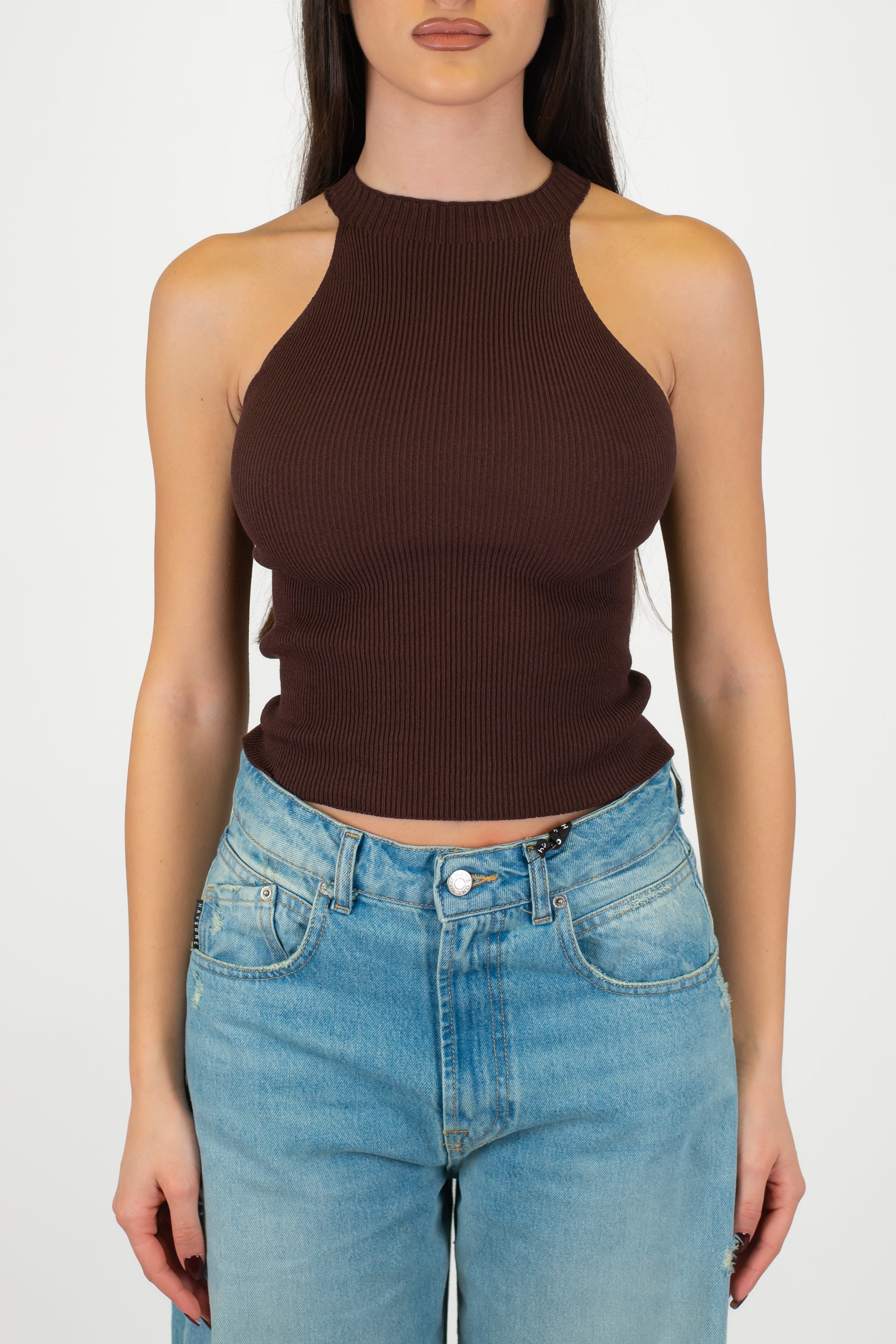 Kontatto - Top in maglia a costine scollo americano