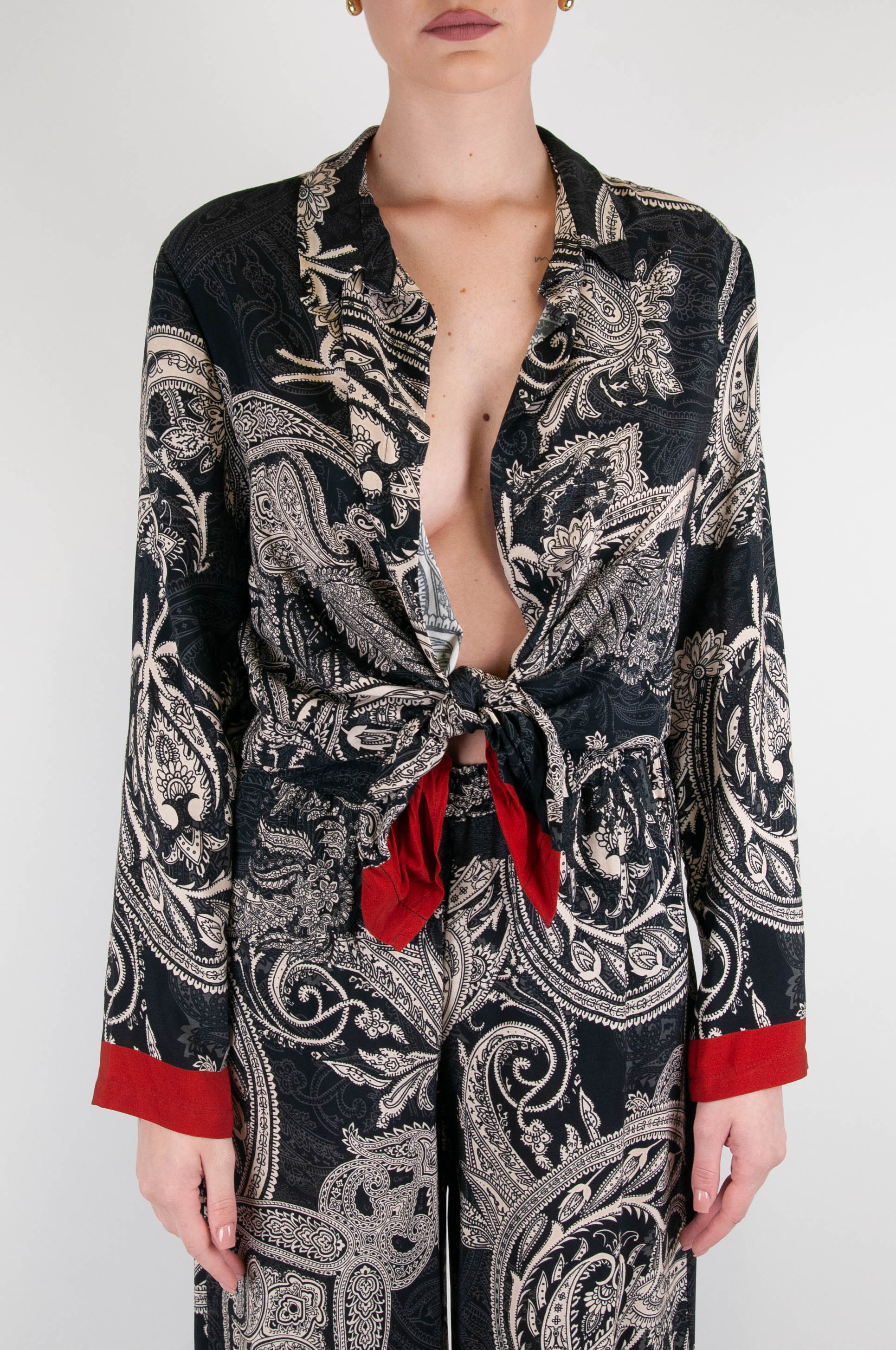 Haveone - Ethnic patterned open shirt in viscose with knot at the bottom
