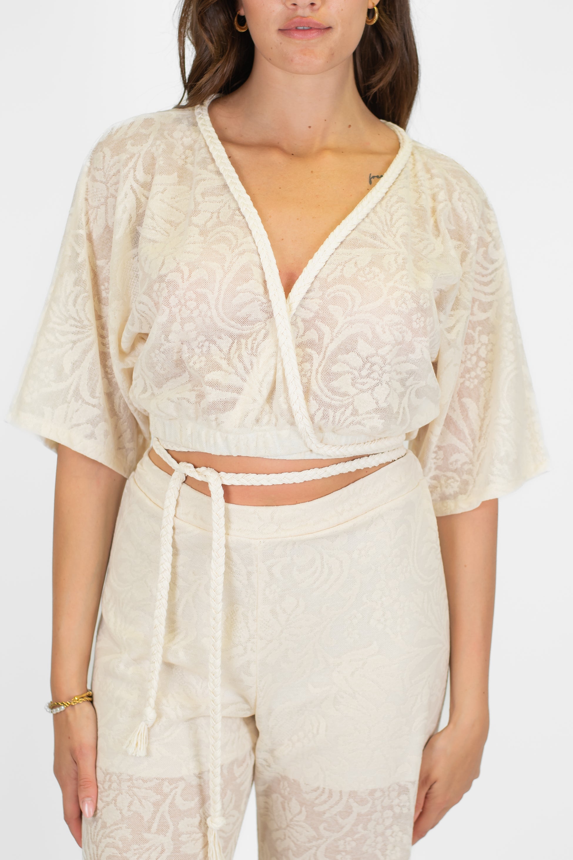 Haveone - Camicia kimono scollo a V mezzamanica con ricamo in pizzo