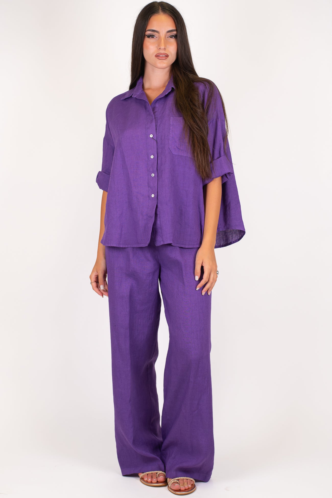 Dixie - Coordinato in puro lino camicia con taschino e pantalone palazzo con coulisse