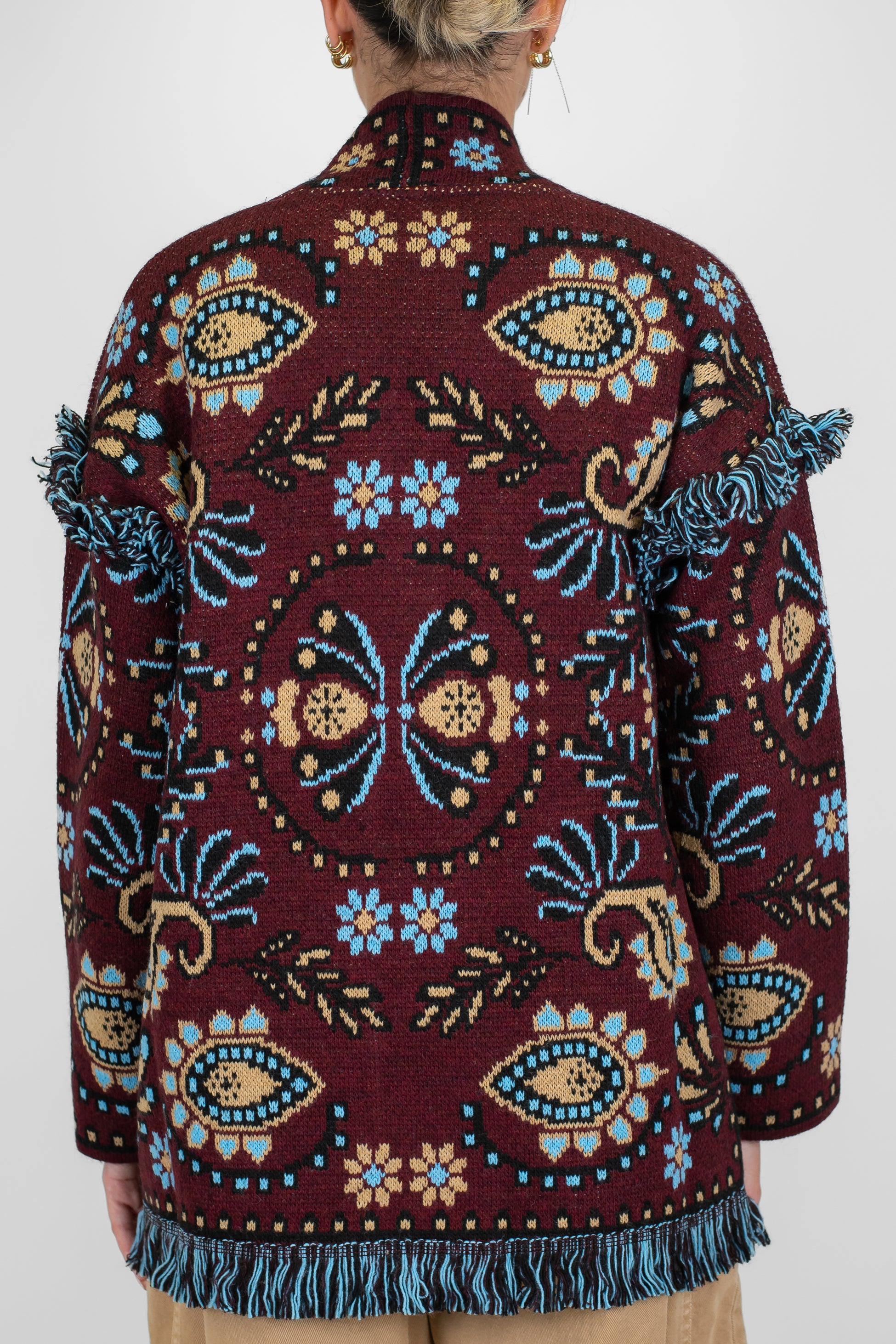 Tensione in - Cardigan aperto fantasia astratta in misto lana con nappine