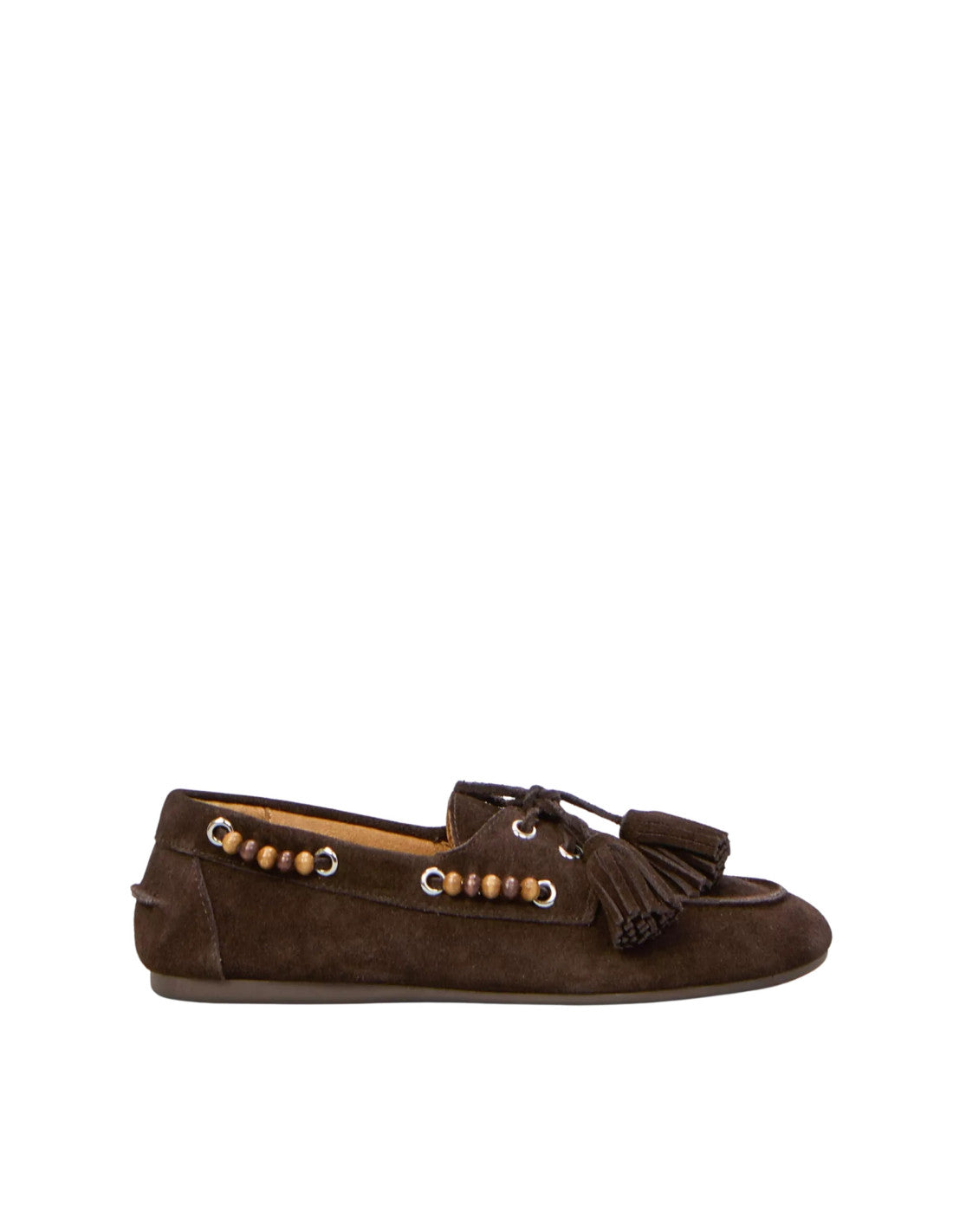 Ovyé - Mocassino in suede con lacci, nappine e perline laterali